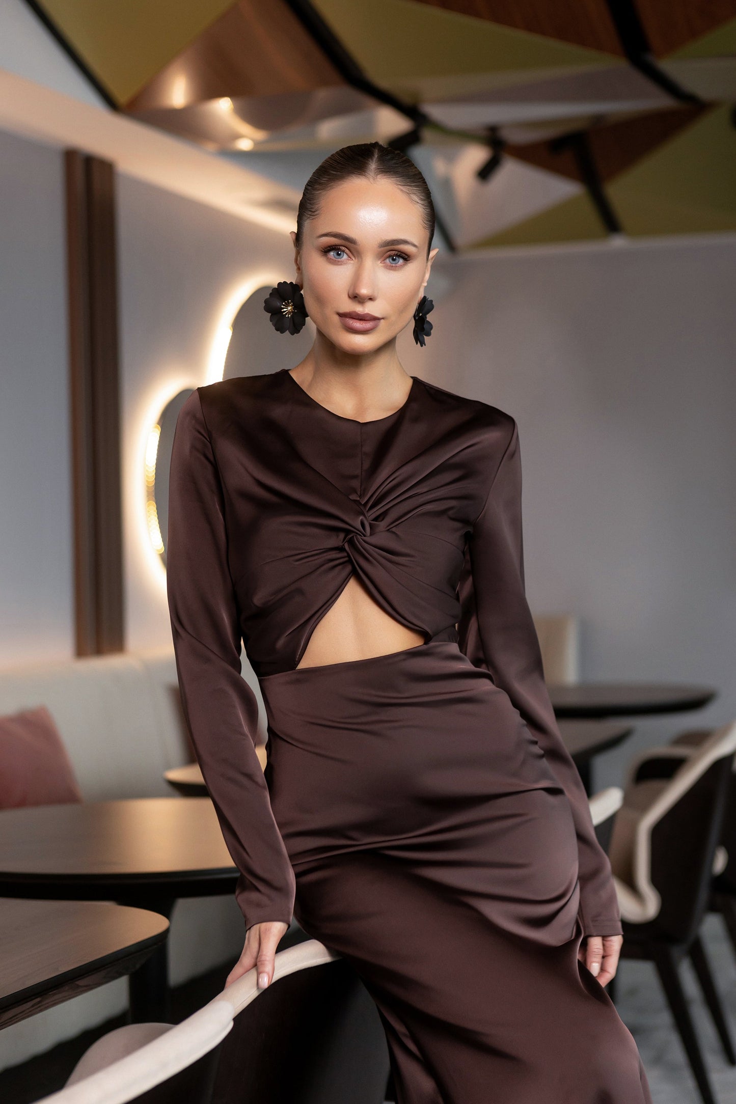 Elara Brown Satin Long-Sleeve Cut-Out Maxi Dress