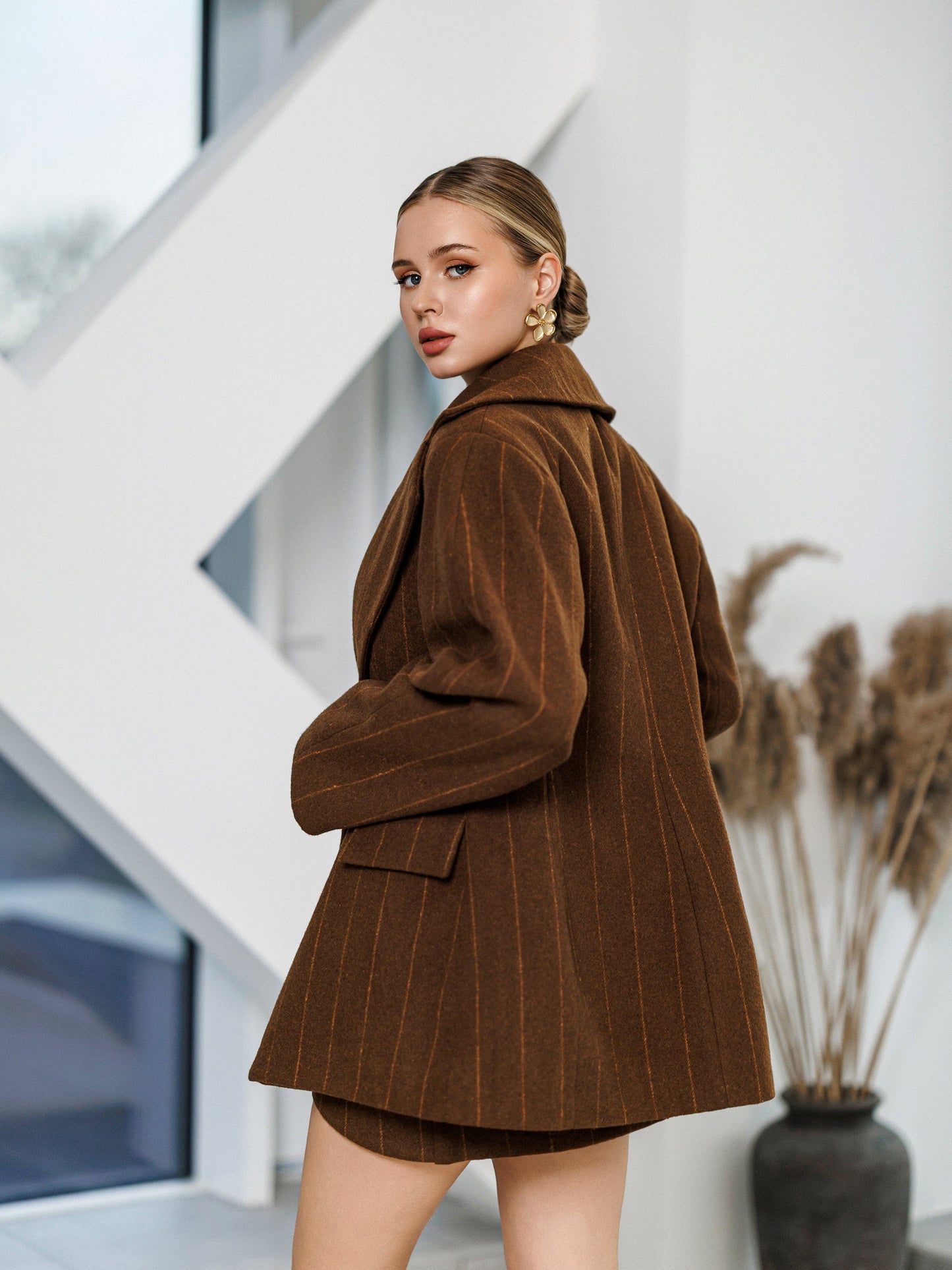 Brown Striped Wool Oversized Jacket Skirt Suit 2-Piece
