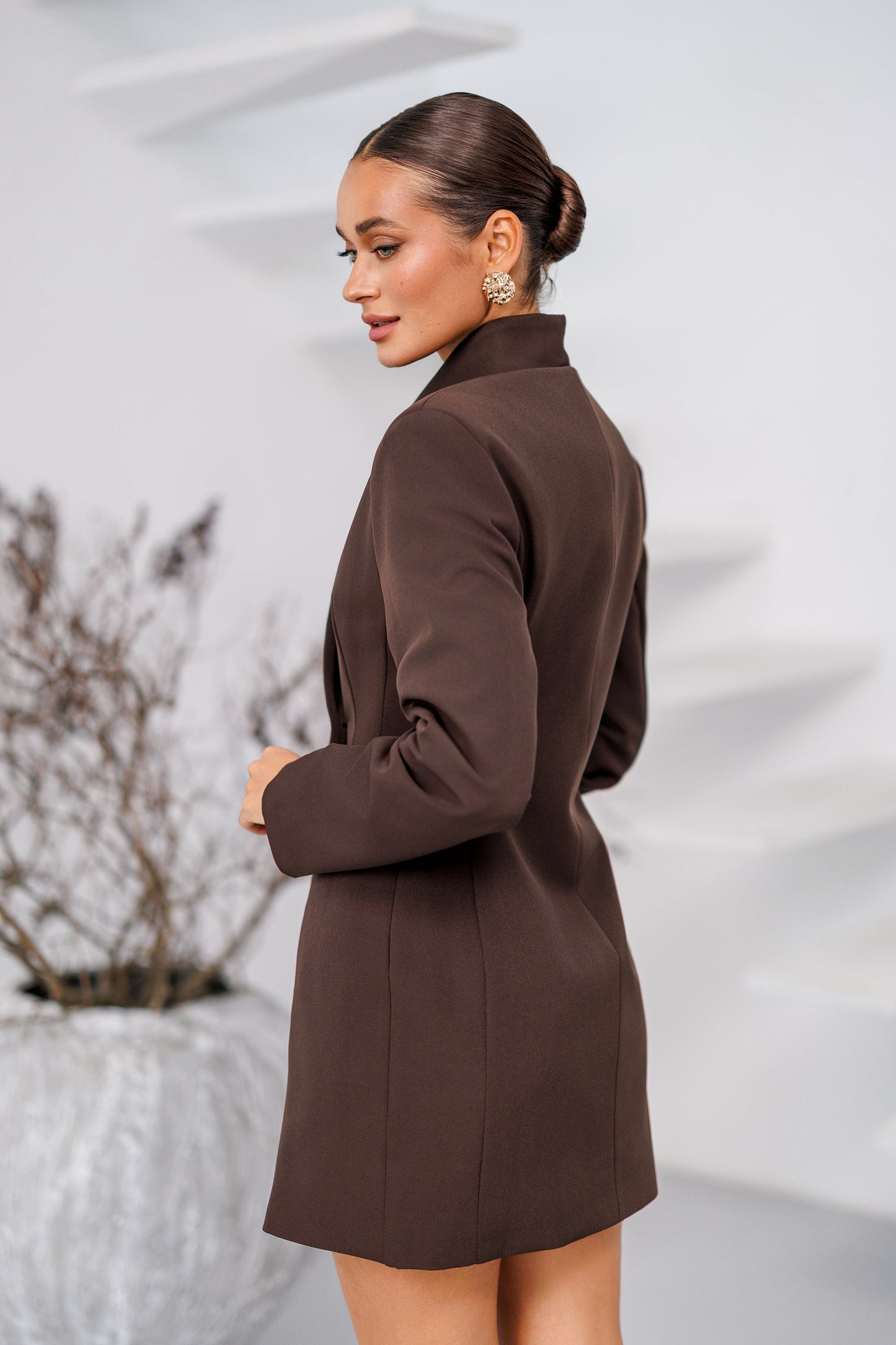 Monte Brown Collarless Double-Breasted Blazer Dress