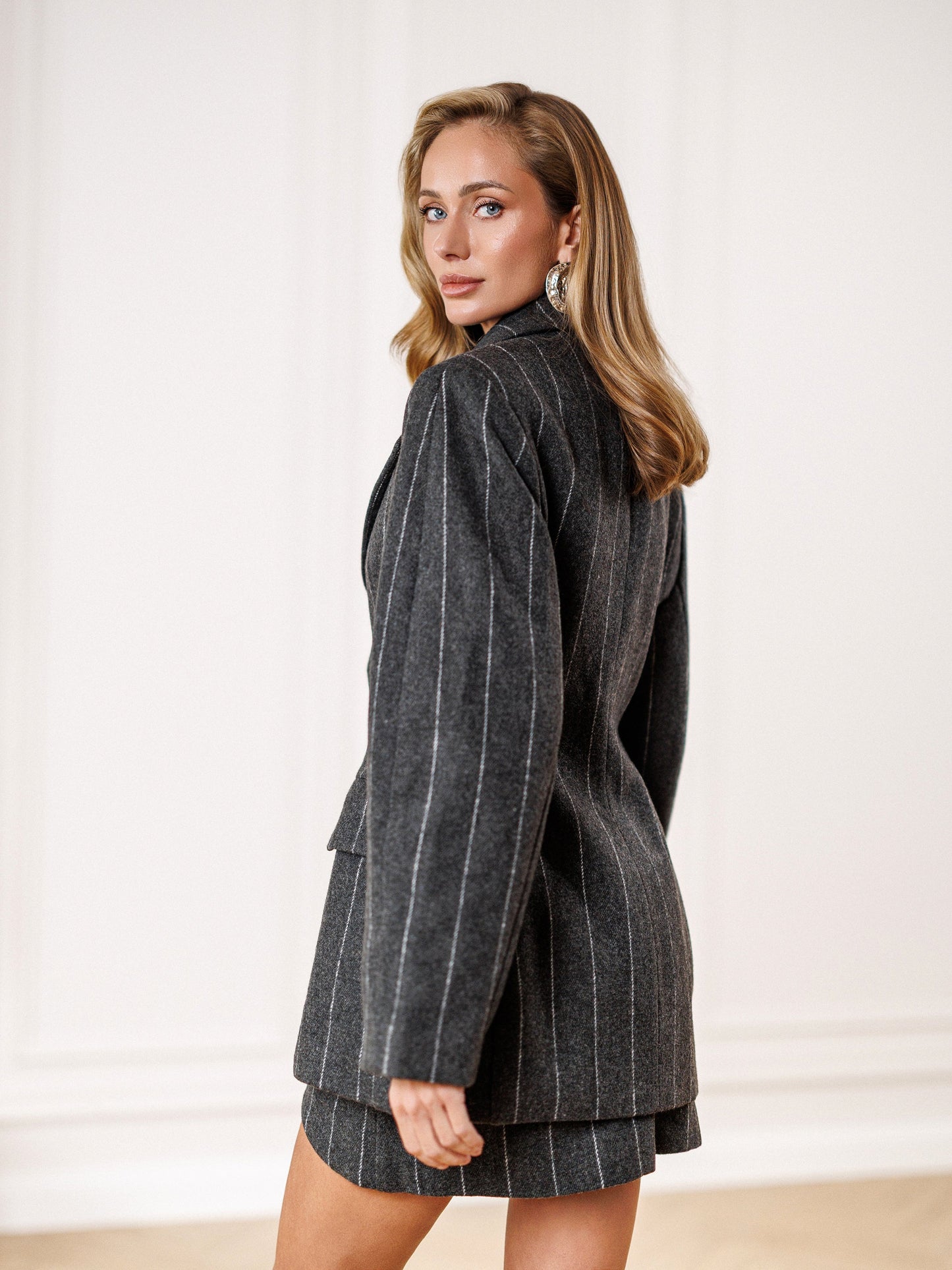 Grey Striped Wool Oversized Jacket Skirt Suit 2-Piece