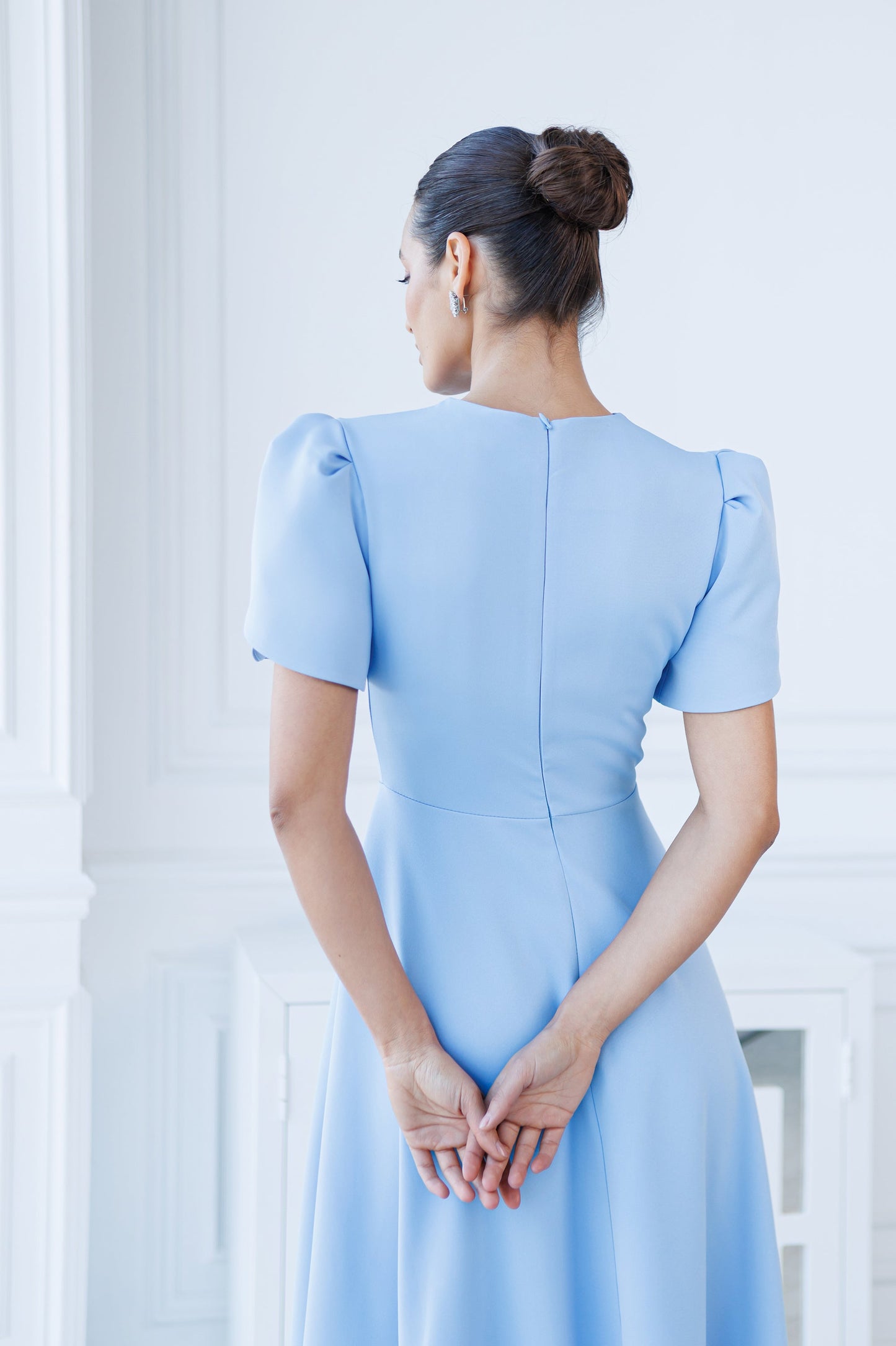 Alexa Sky-Blue Round Neck Puff-Sleeve Midi Dress