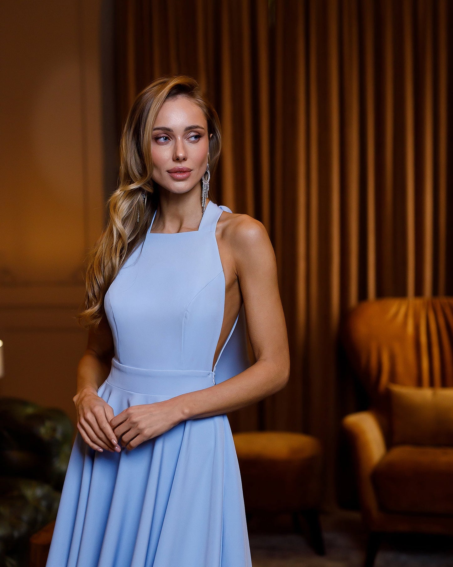 Julie Sky-Blue Halter Neck Midi Dress