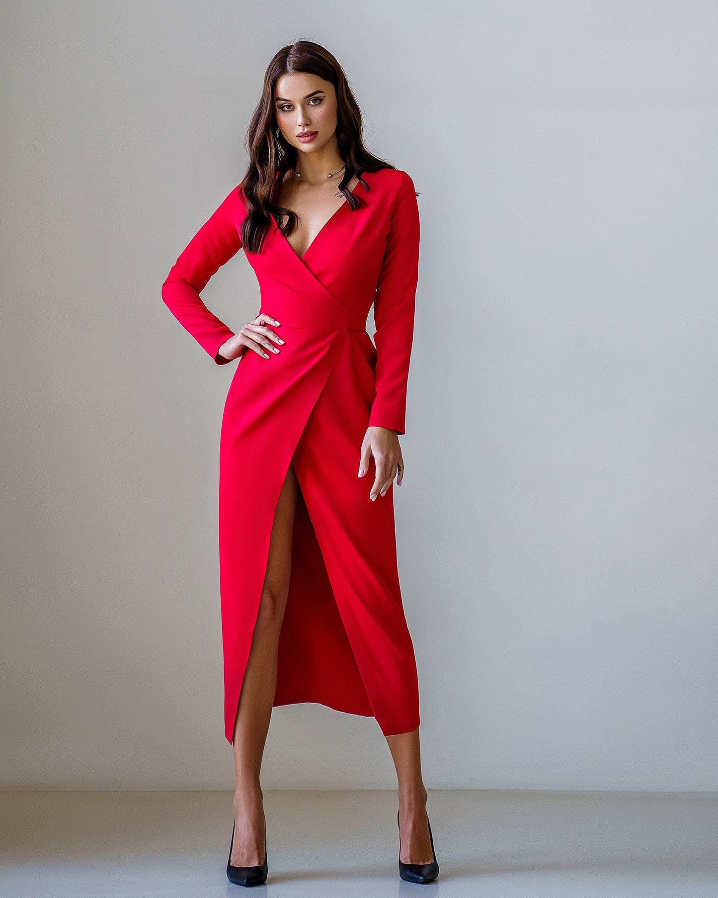 Red Wrap Long Sleeve Collarless Maxi Dress