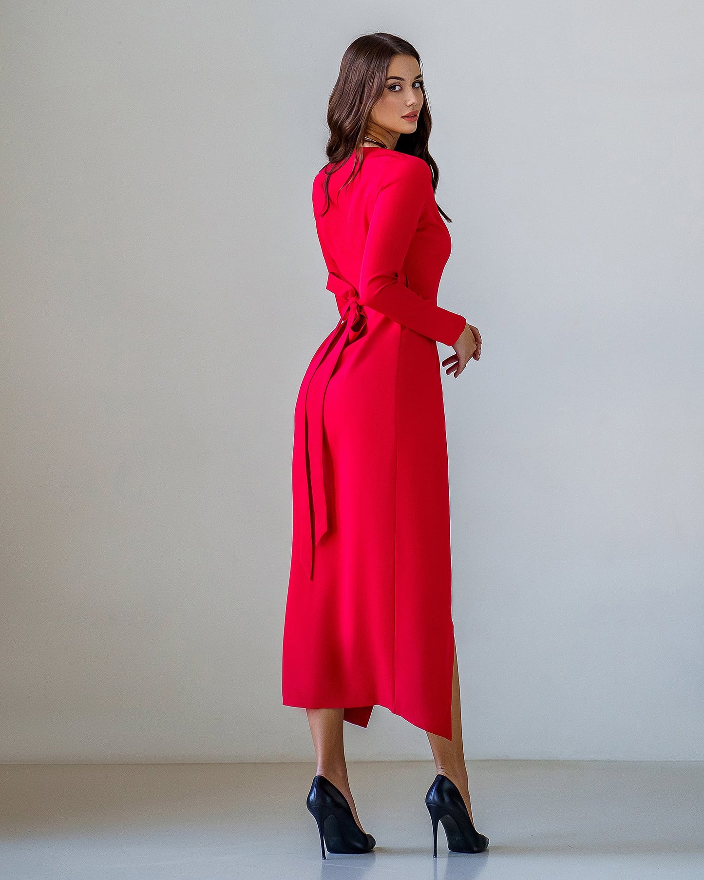 Red Wrap Long Sleeve Collarless Maxi Dress