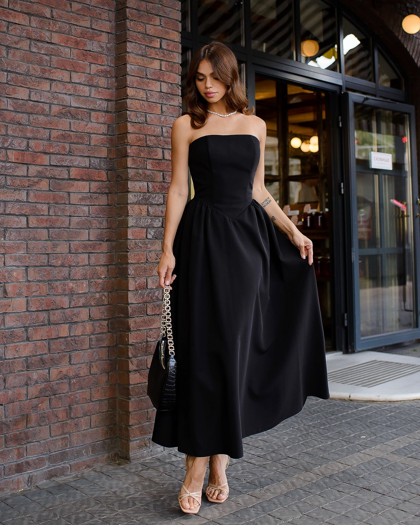 Black Strapless Midi Dress