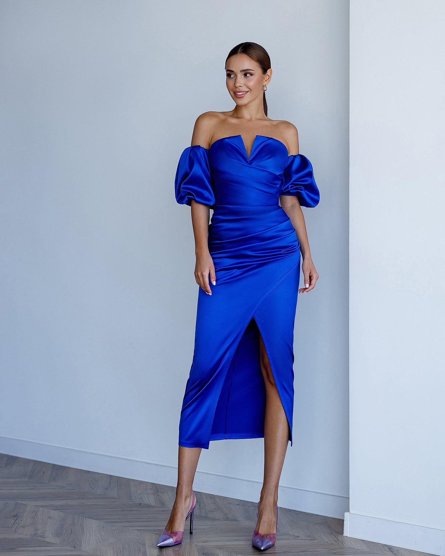 Sax Blue Satin Puff-Sleeve Midi Dress