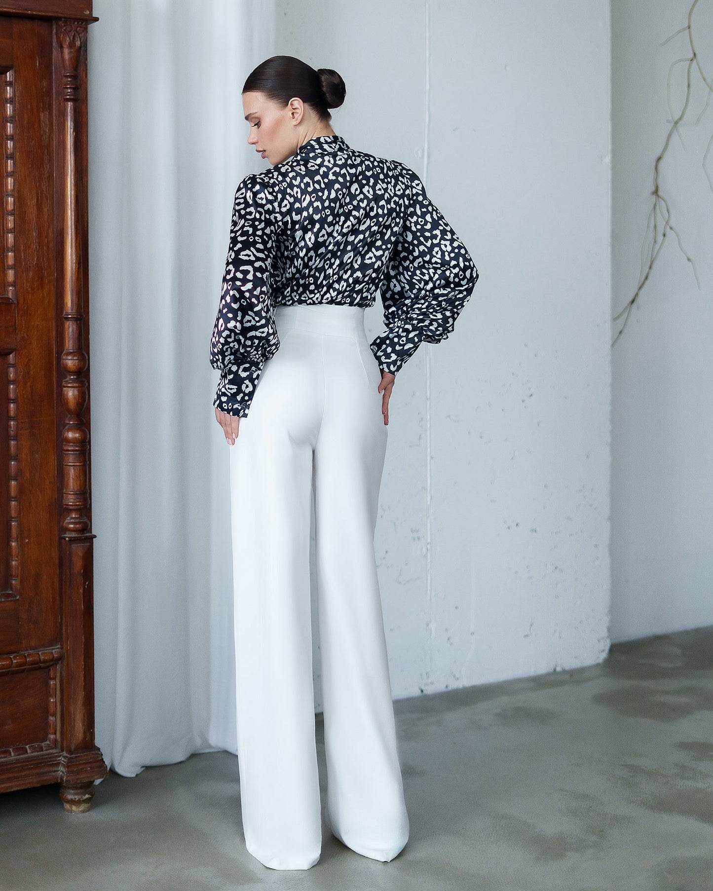 Julie Black-White Satin Bow-Neck Puff Sleeve Blouse