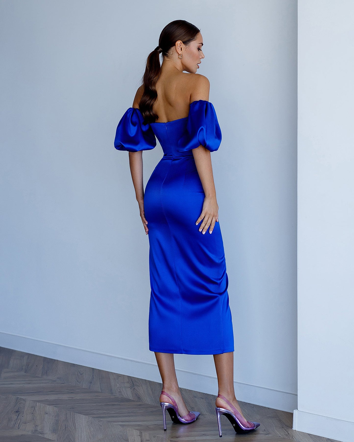Sax Blue Satin Puff-Sleeve Midi Dress