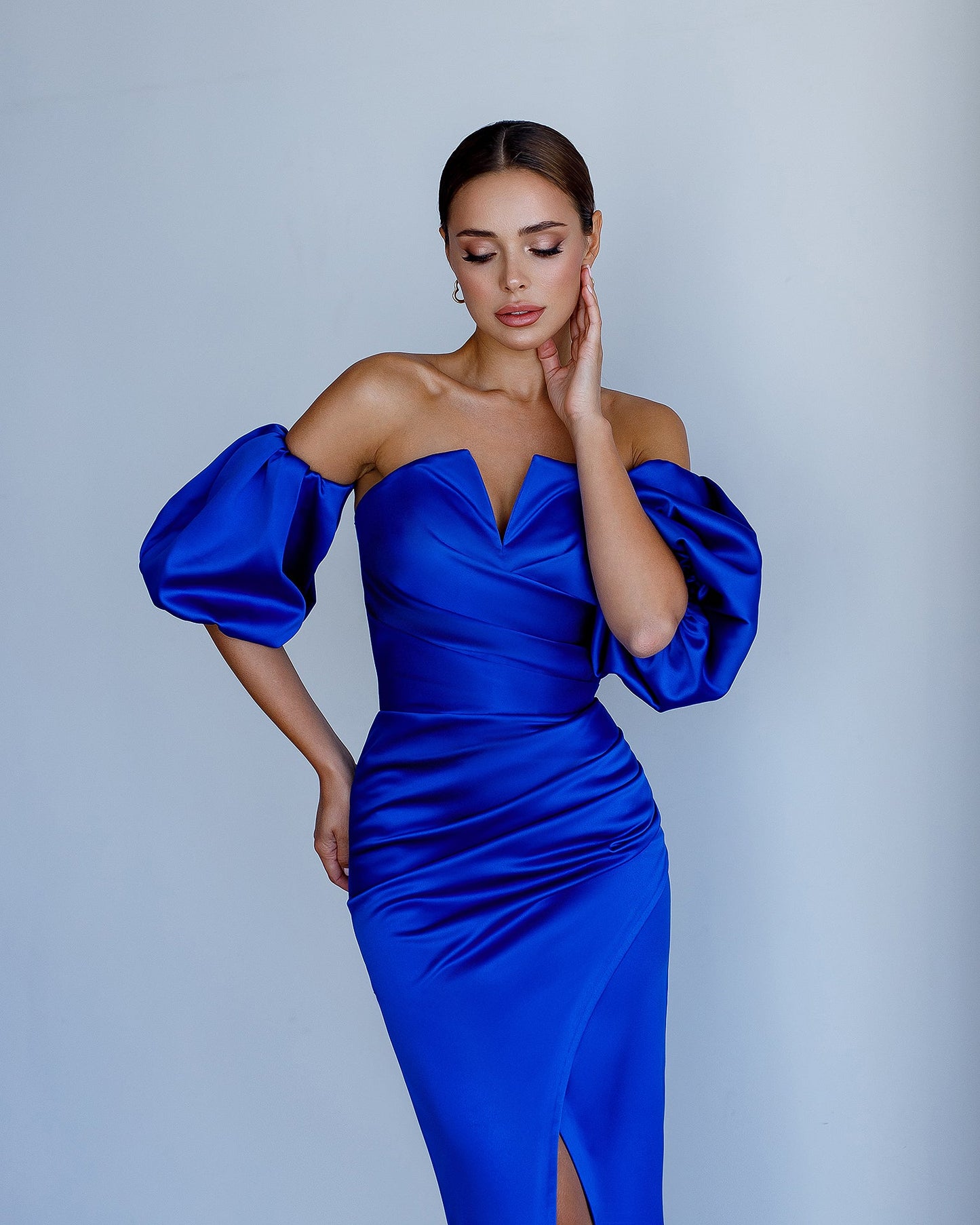 Sax Blue Satin Puff-Sleeve Midi Dress