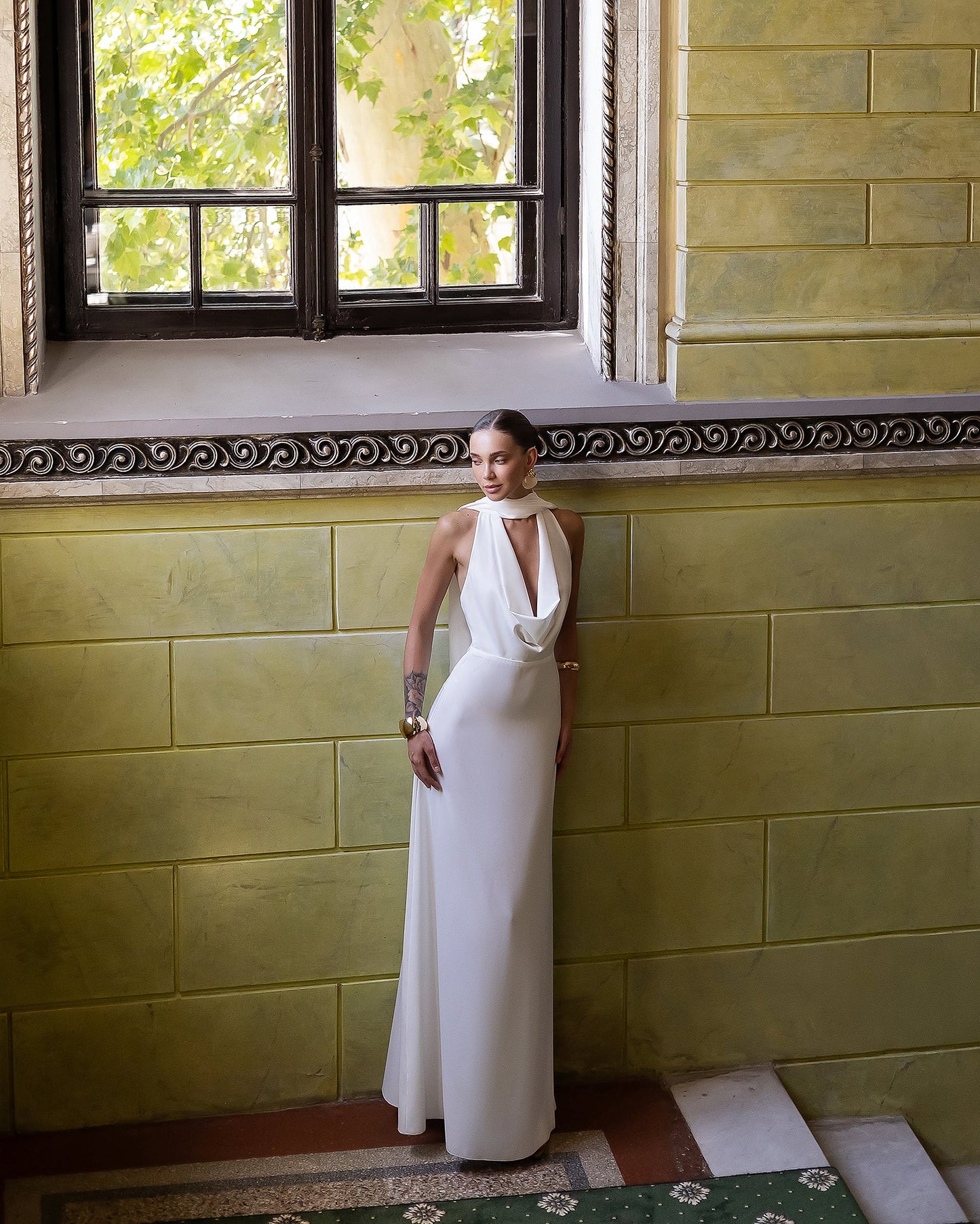 Céline White Satin Drape Halter-Neck Backless Maxi Dress