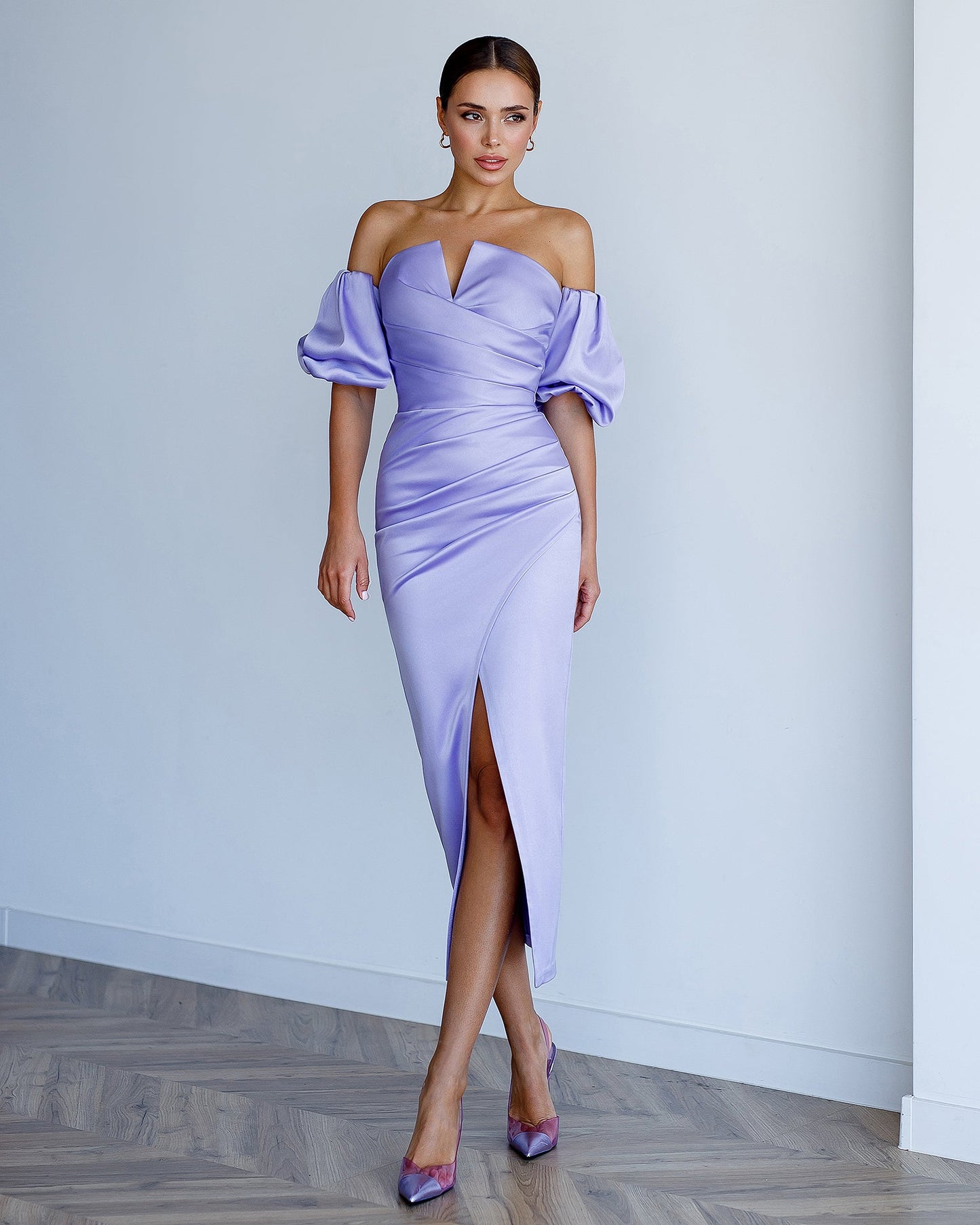Lavender Satin Puff-Sleeve Midi Dress