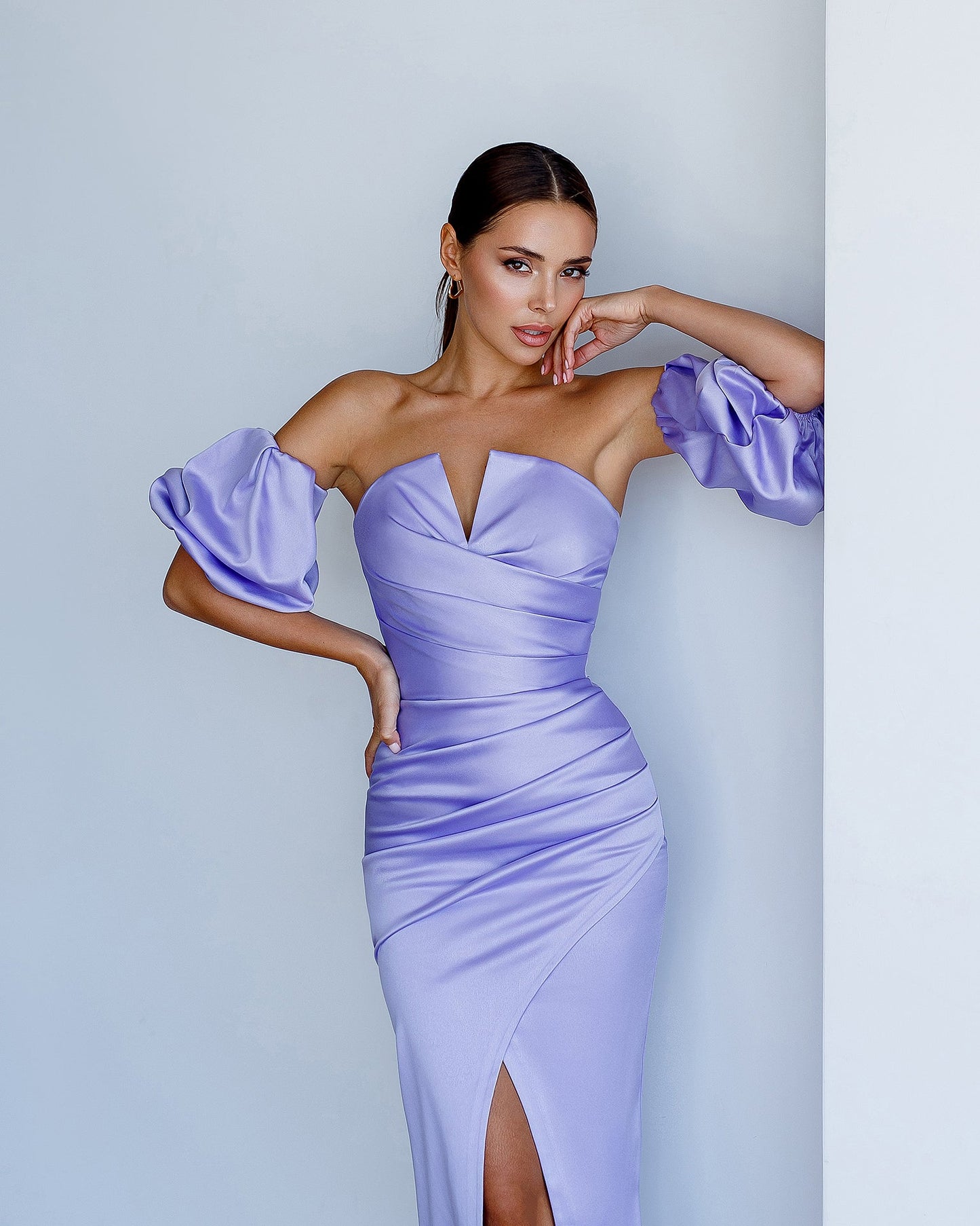 Lavender Satin Puff-Sleeve Midi Dress