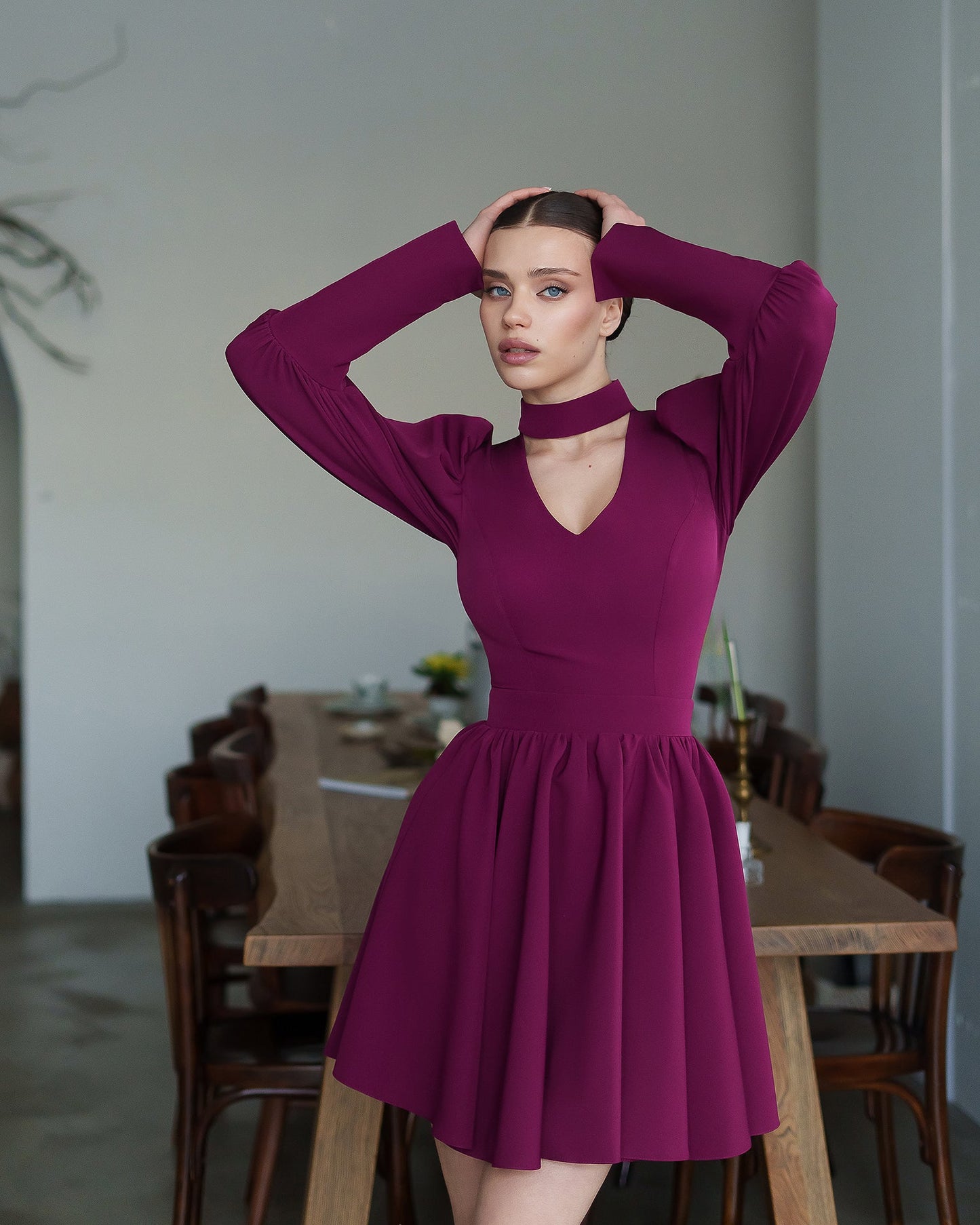 Bella Bordeaux Choker-Neck Puff Sleeve Mini Dress