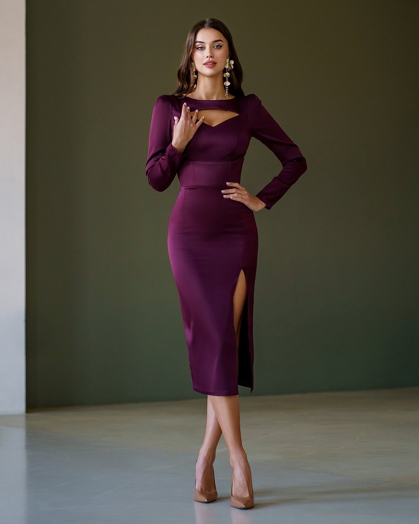 Bordeaux Satin Long Sleeve Midi Dress