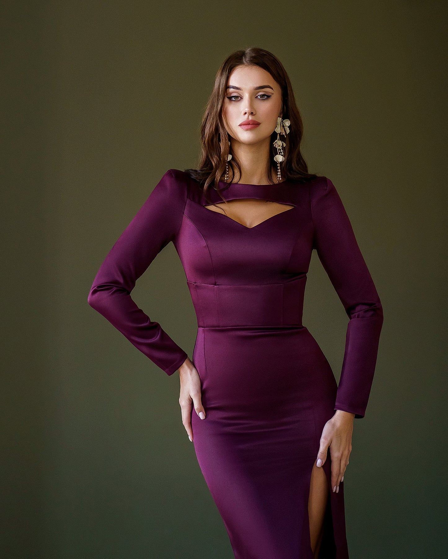 Bordeaux Satin Long Sleeve Midi Dress