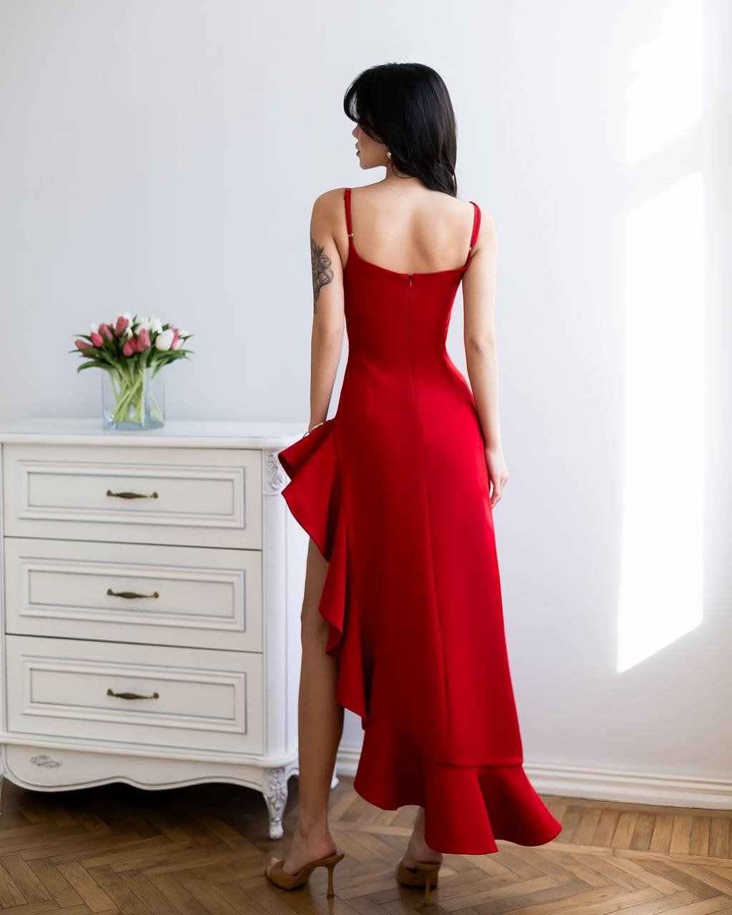 Red Blush Asymmetric Ruffle Midi Dress