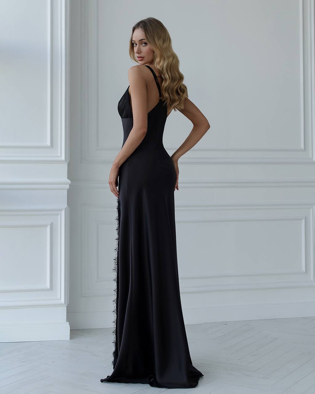 Black Satin Slit Lace Maxi Slip Dress