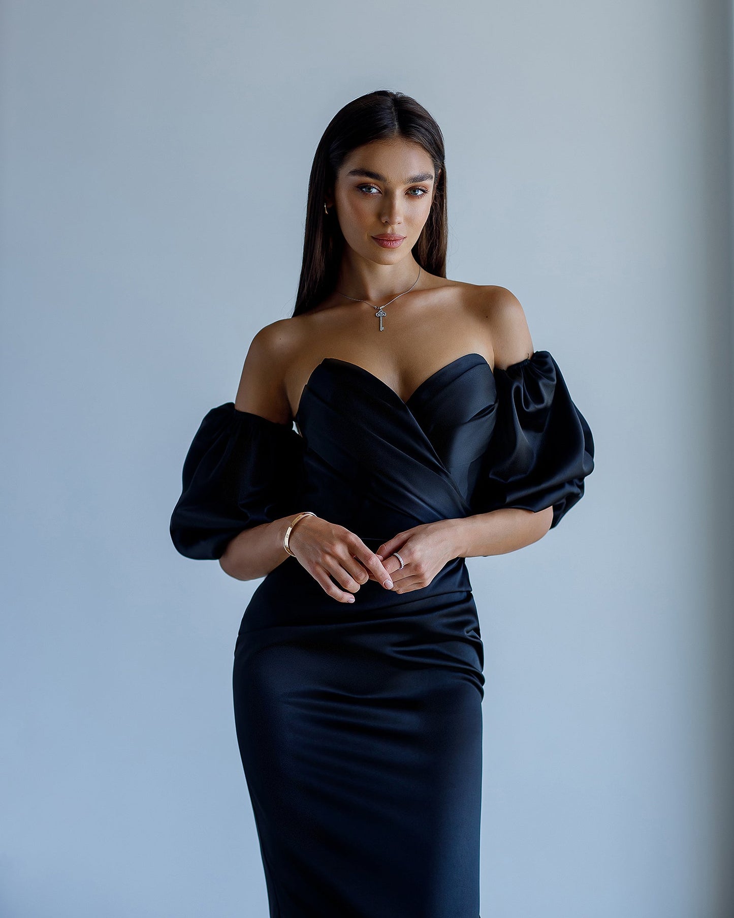 Black Satin Sweetheart Puff-Sleeve Midi Dress