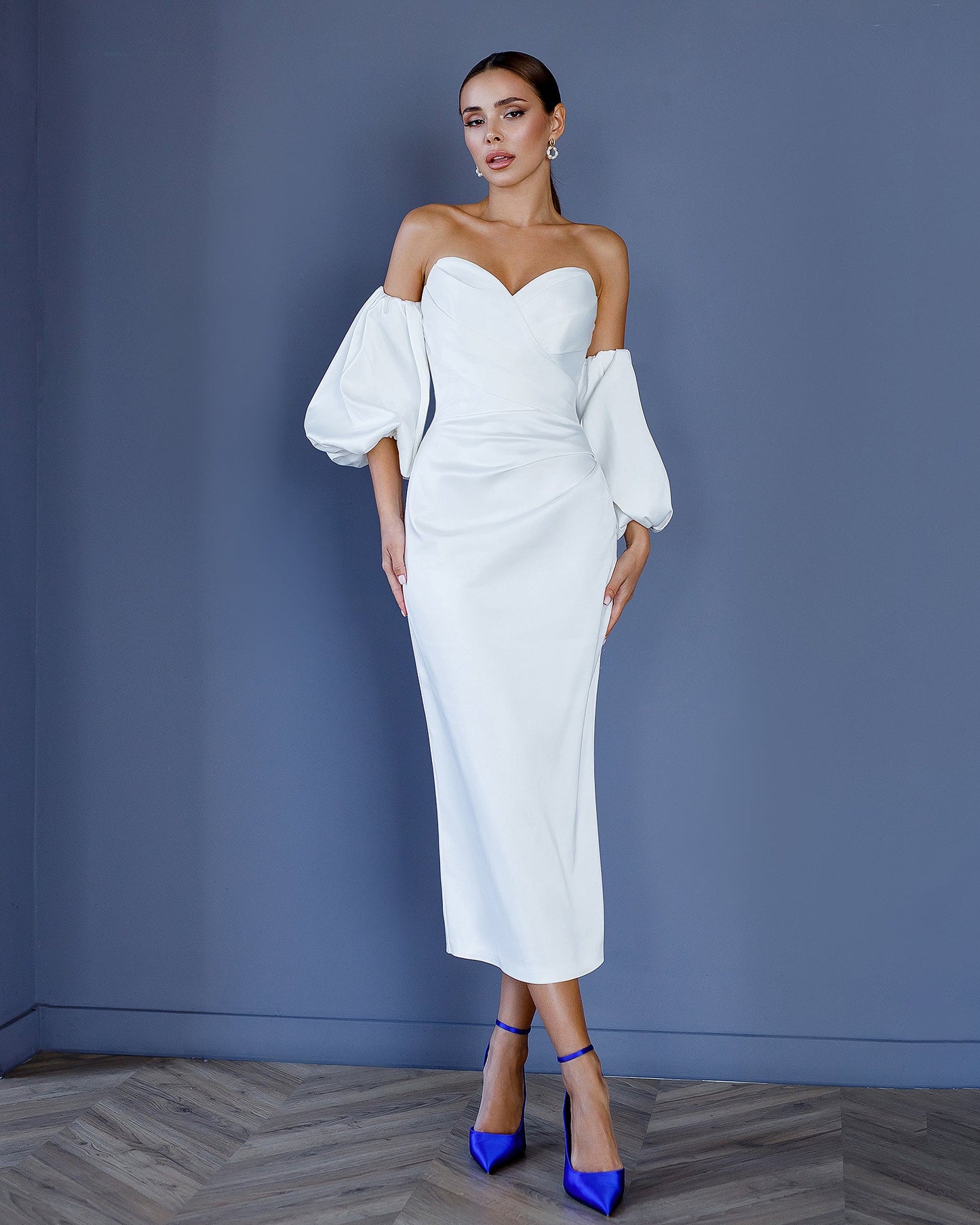 White Satin Sweetheart Puff-Sleeve Midi Dress