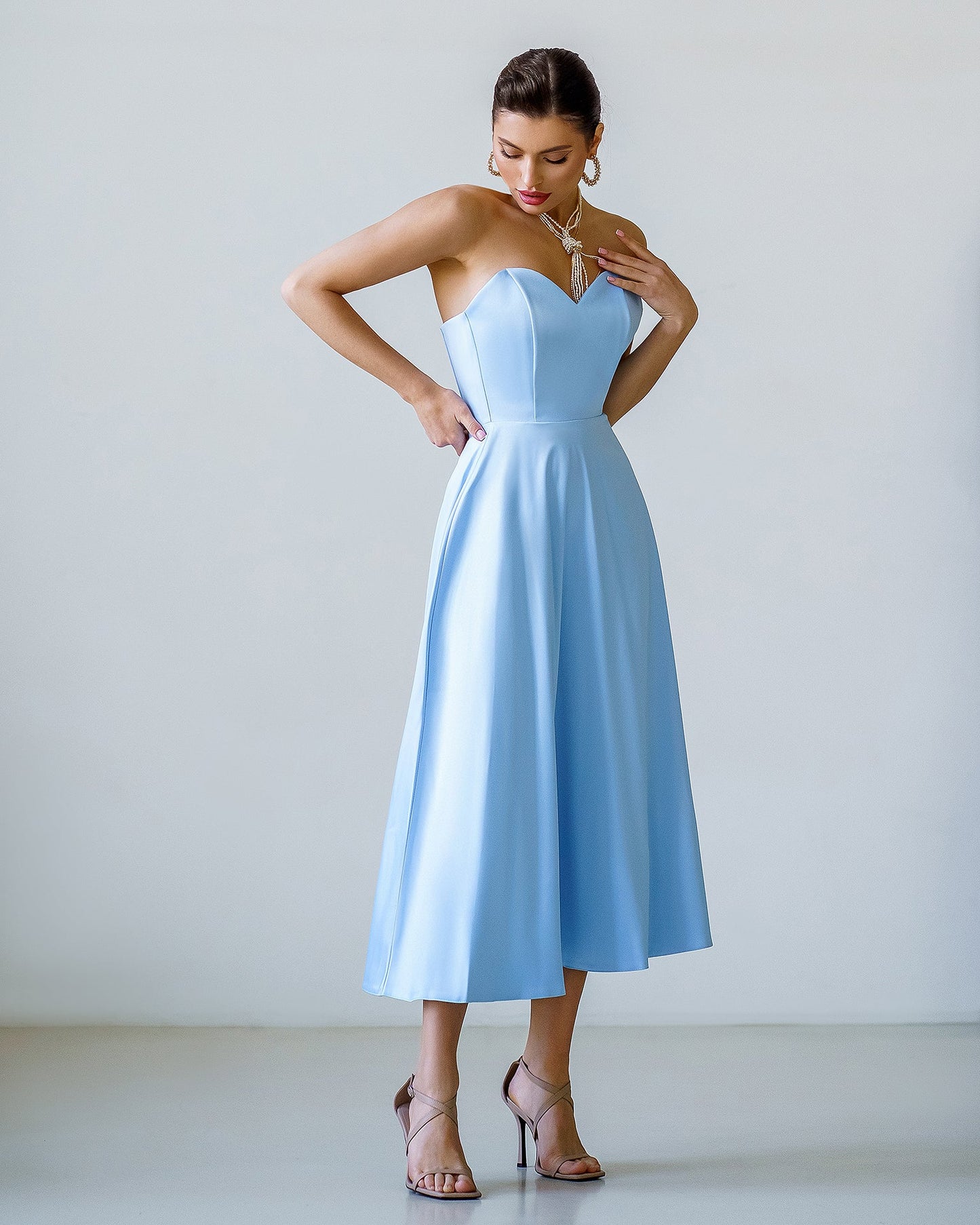 Sky-Blue Satin Corseted Strapless Dress