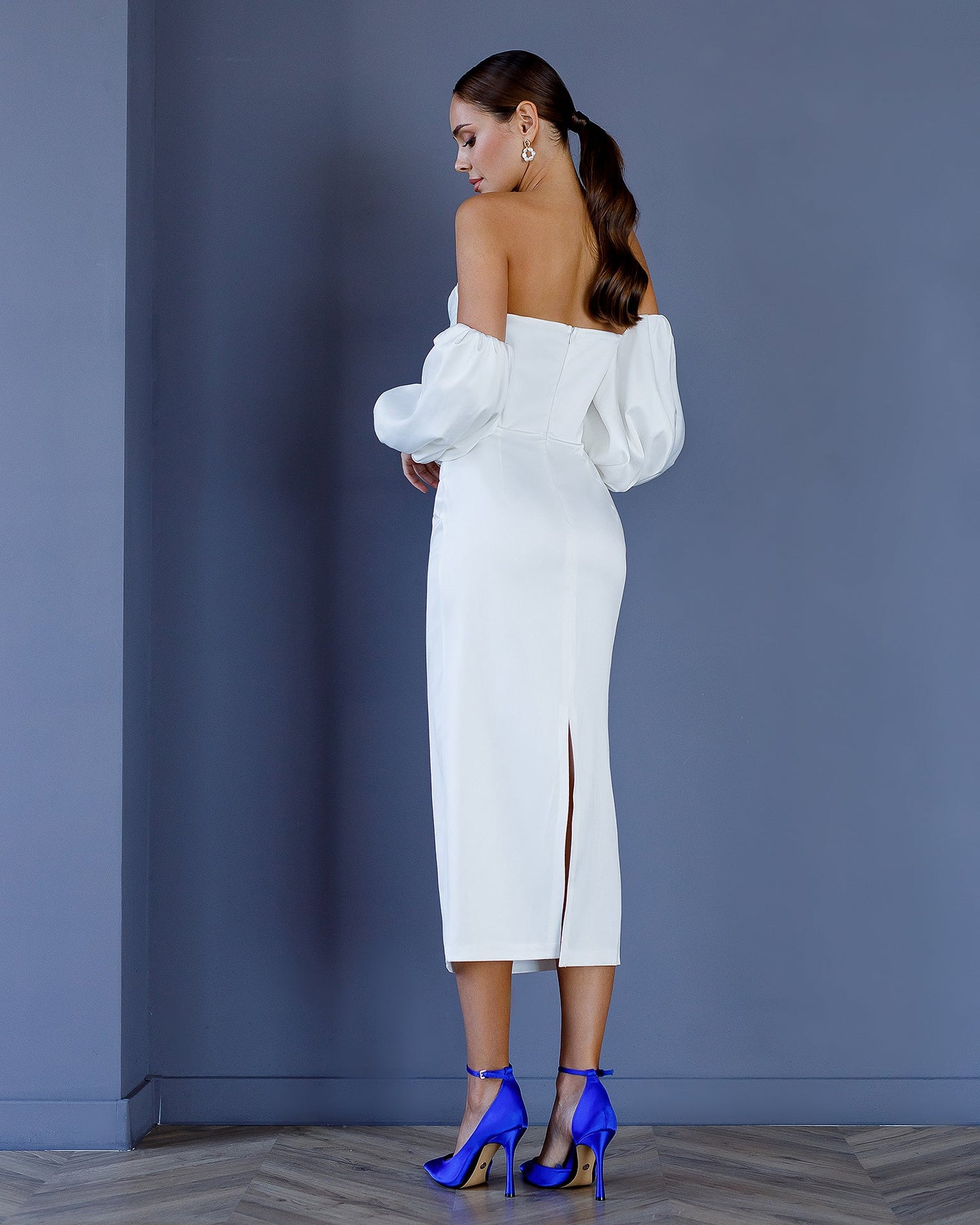 White Satin Sweetheart Puff-Sleeve Midi Dress