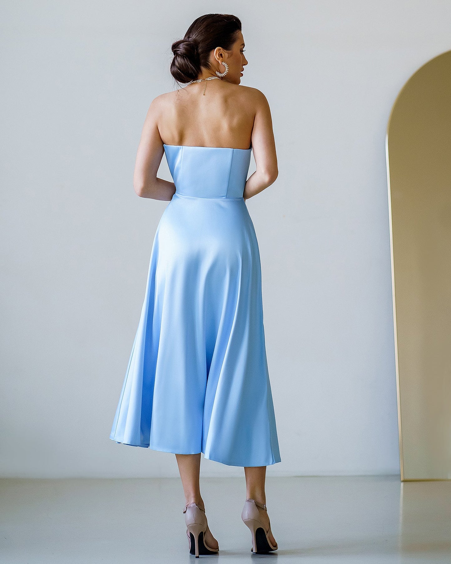 Sky-Blue Satin Corseted Strapless Dress