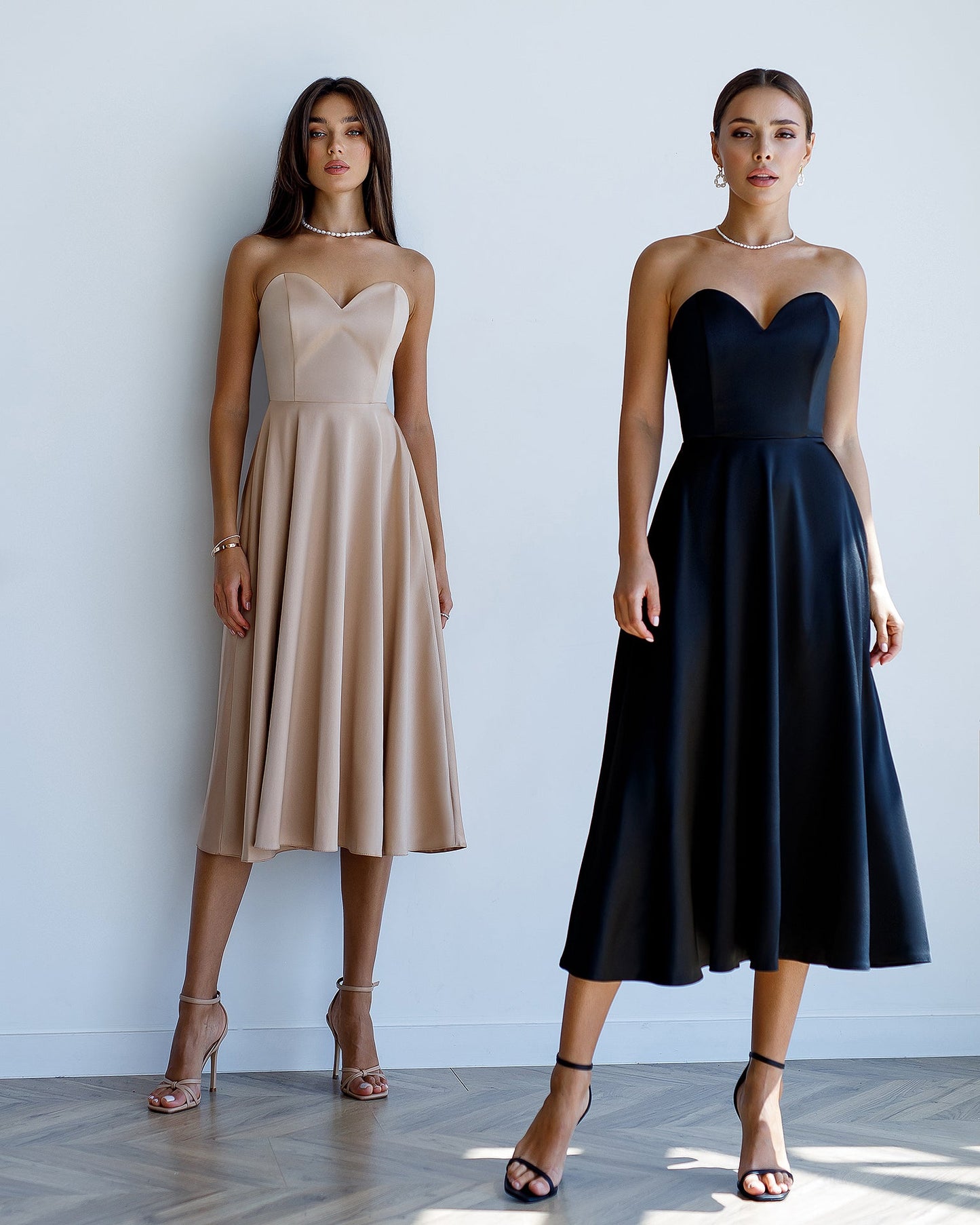 Beige Satin Corseted Strapless Dress