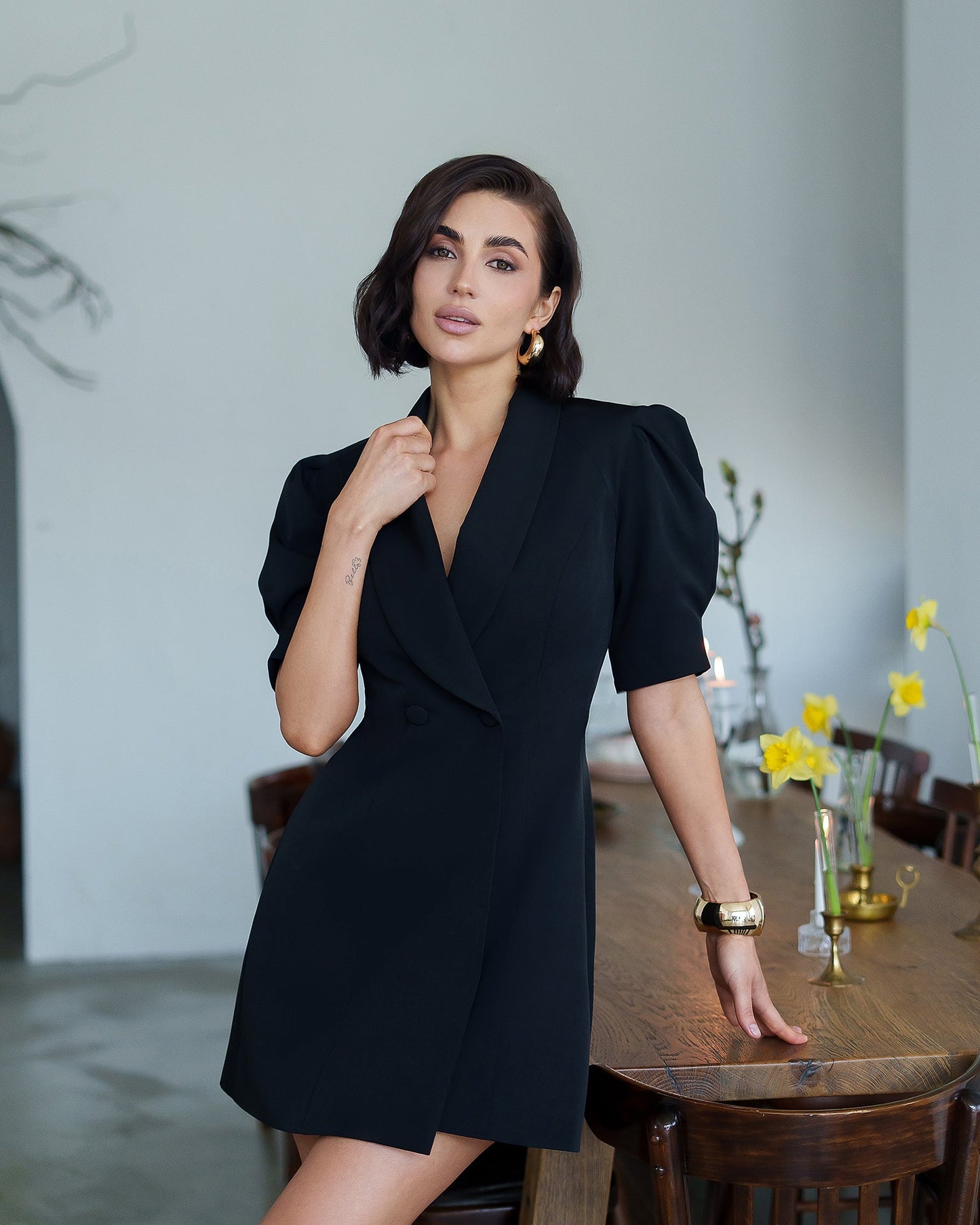 Bella Black Collared Puff-Sleeve Mini Dress