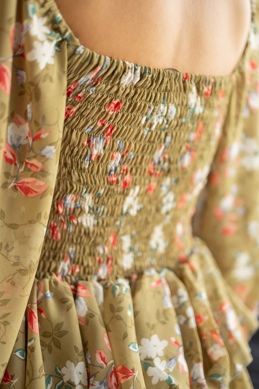 Olive Chiffon Mini Dress With Ruffles