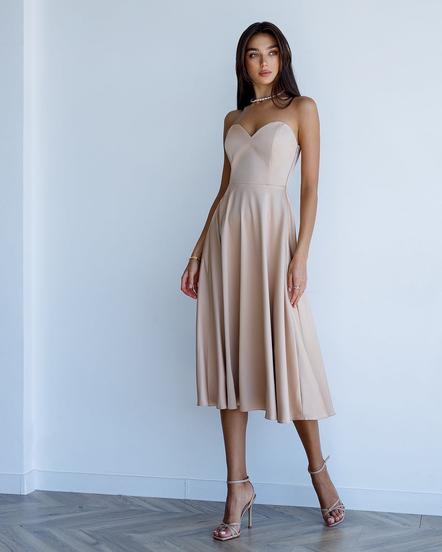 Beige Satin Corseted Strapless Dress