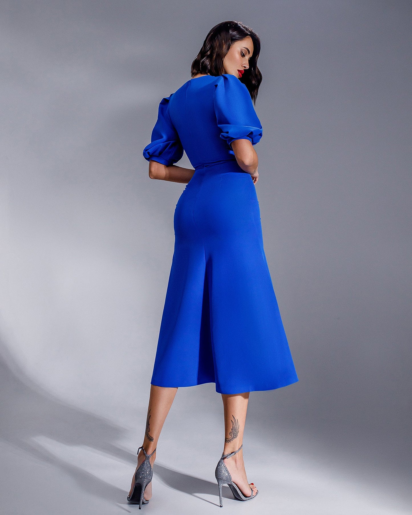 Blue Puff-Sleeve Midi Dress