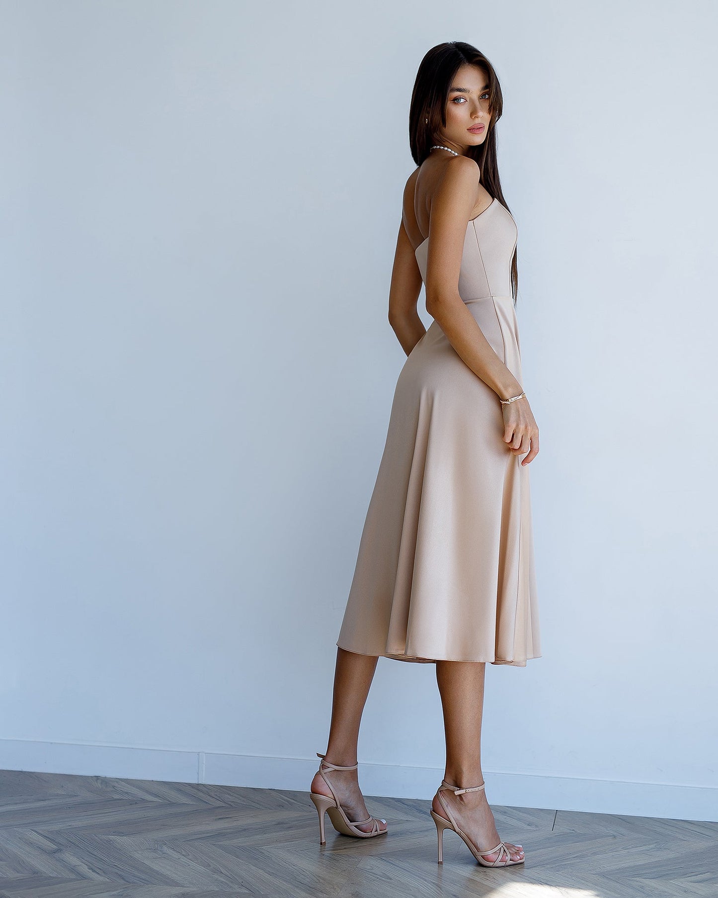 Beige Satin Corseted Strapless Dress