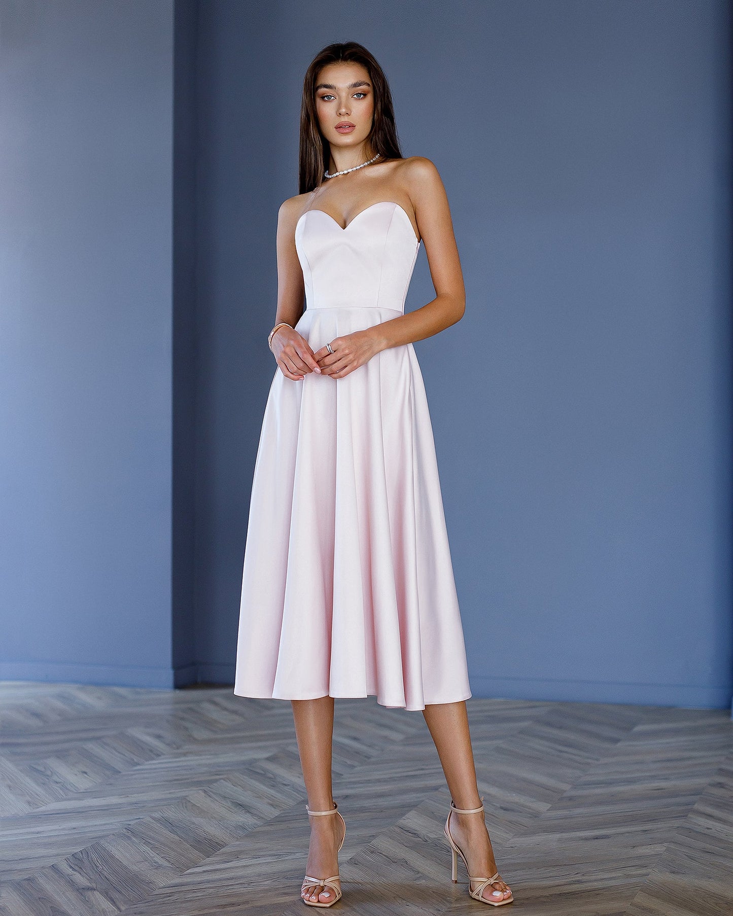 Dusty Pink Satin Corseted Strapless Dress