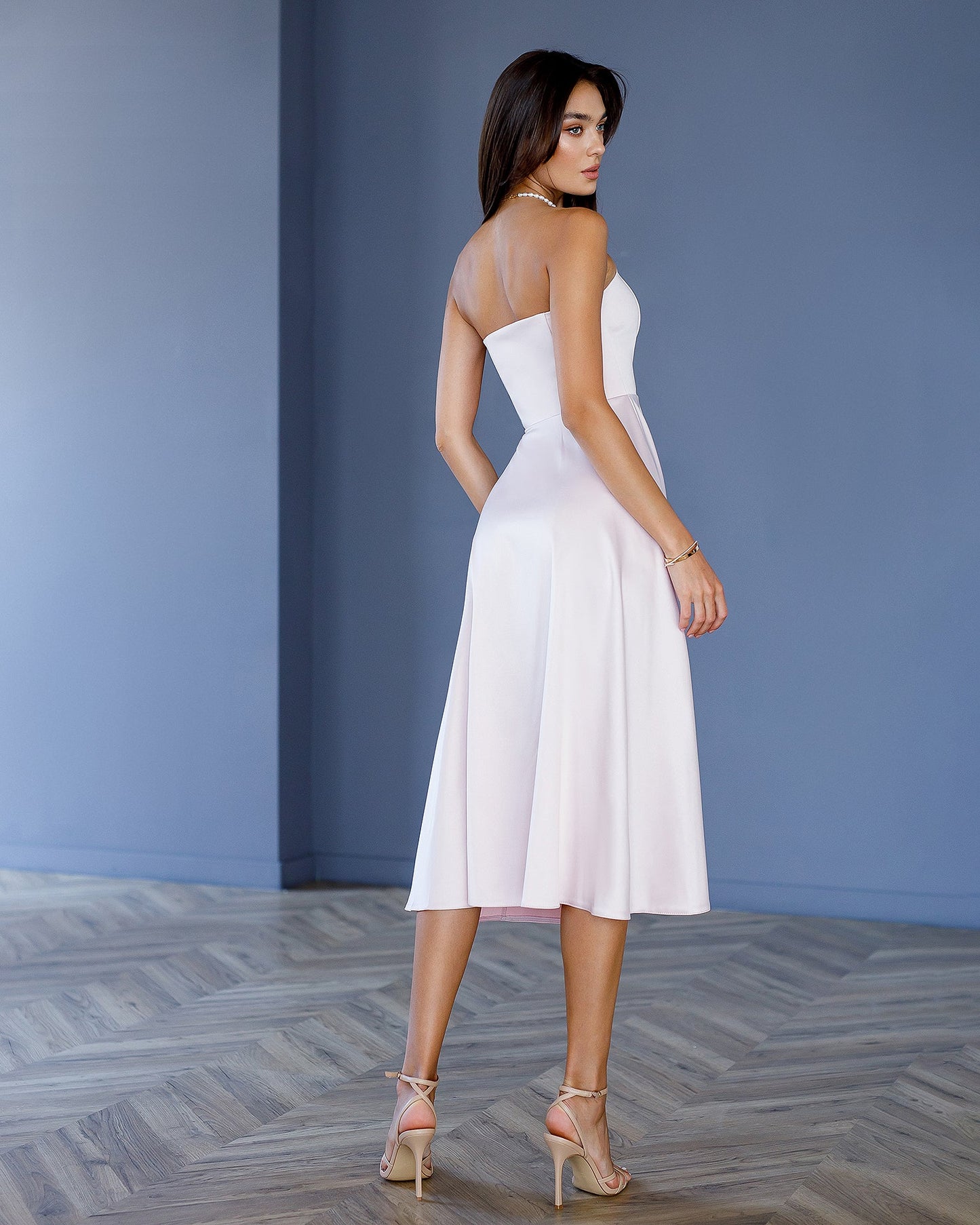 Dusty Pink Satin Corseted Strapless Dress