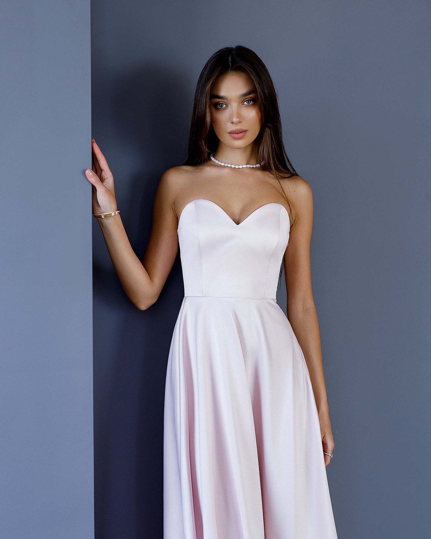 Dusty Pink Satin Corseted Strapless Dress