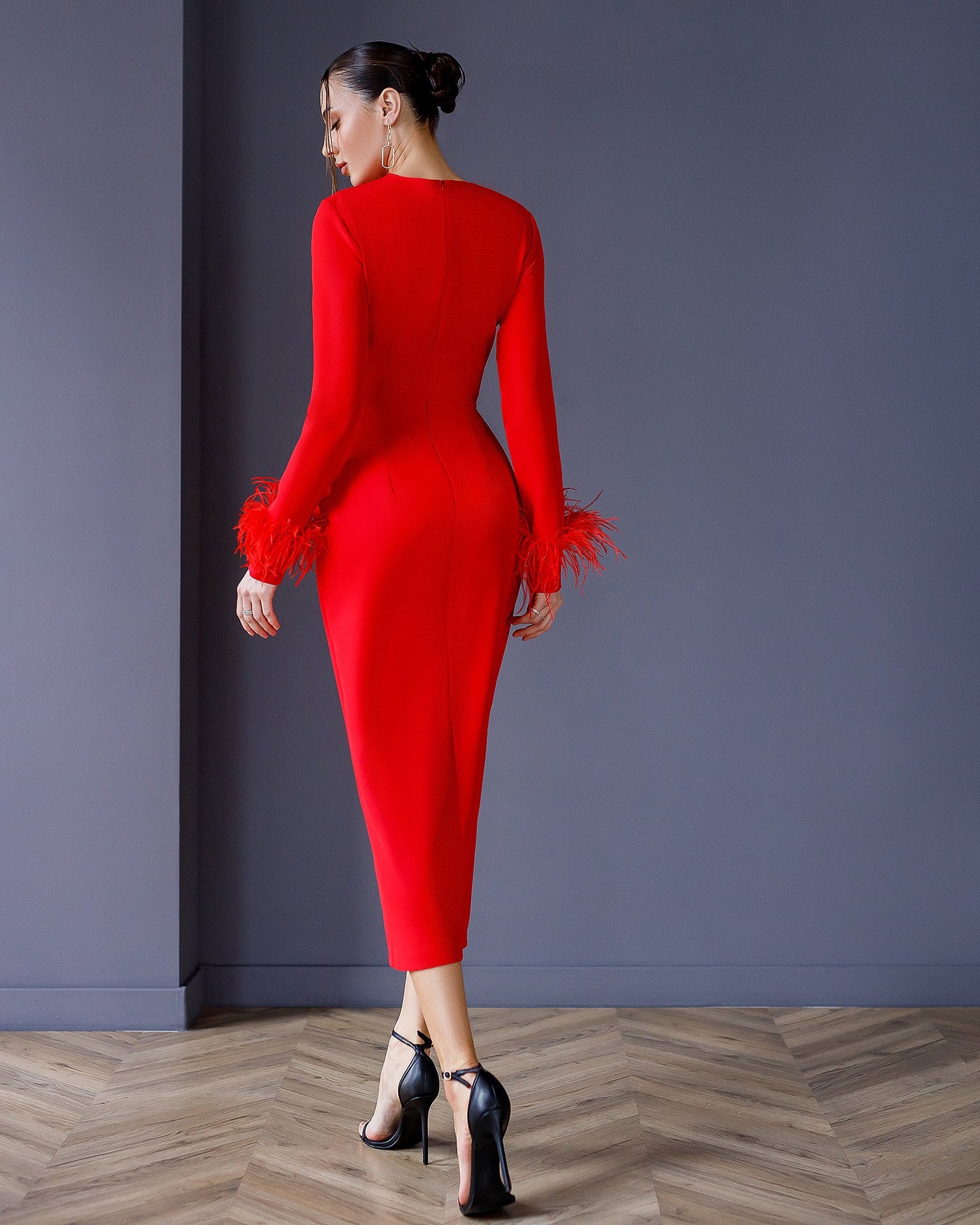 Red Long Sleeve Midi Dress