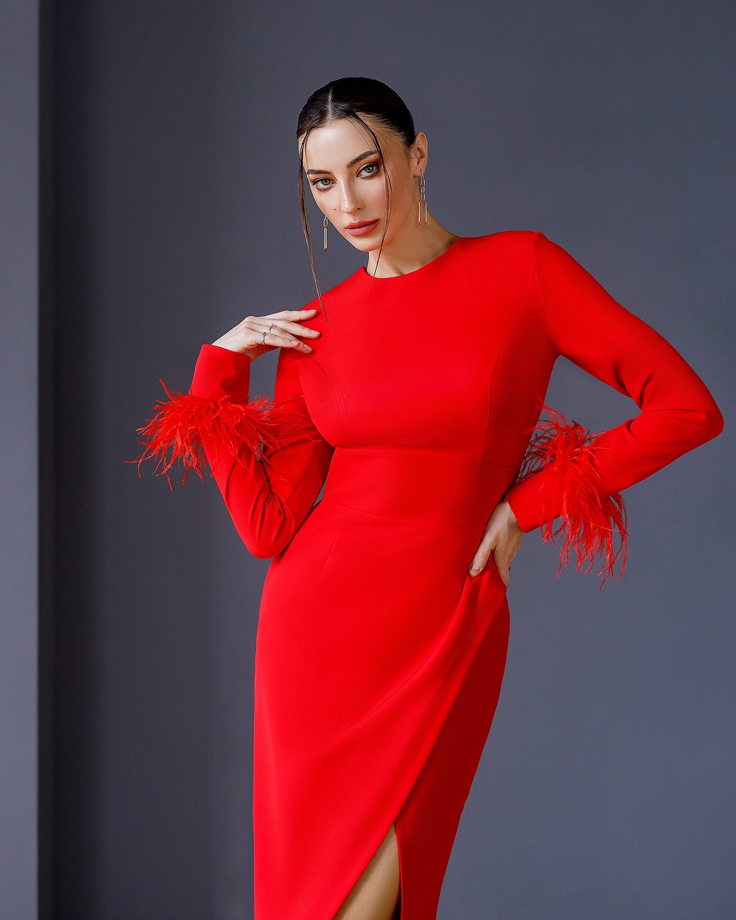 Red Long Sleeve Midi Dress