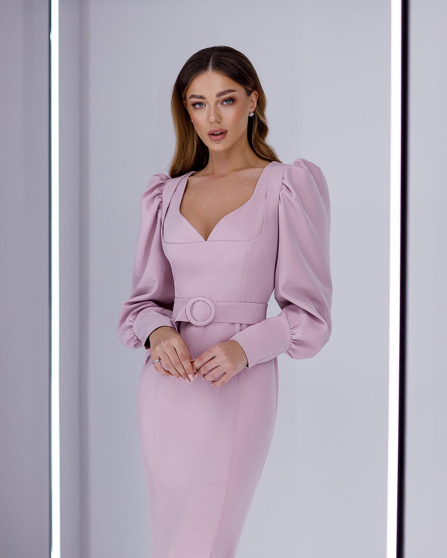 Dusty Pink Puff-Sleeve Belted Midi Dress
