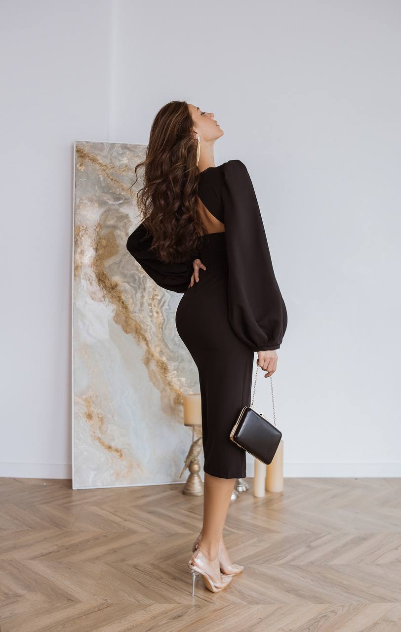 Black Backless Puff Sleeve Midi Dress