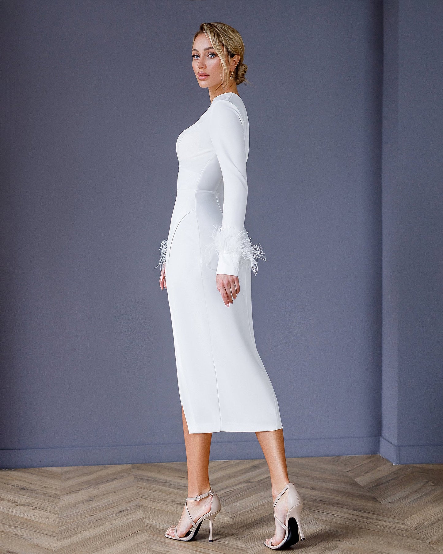White Long Sleeve Midi Dress