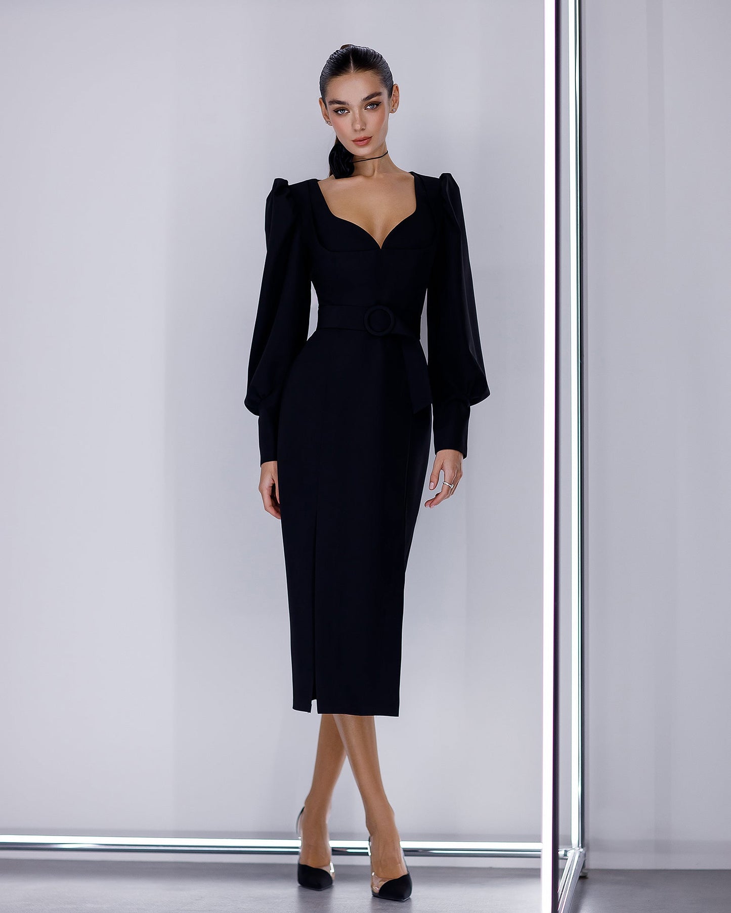 Black Puff-Sleeve Belted Midi Dress
