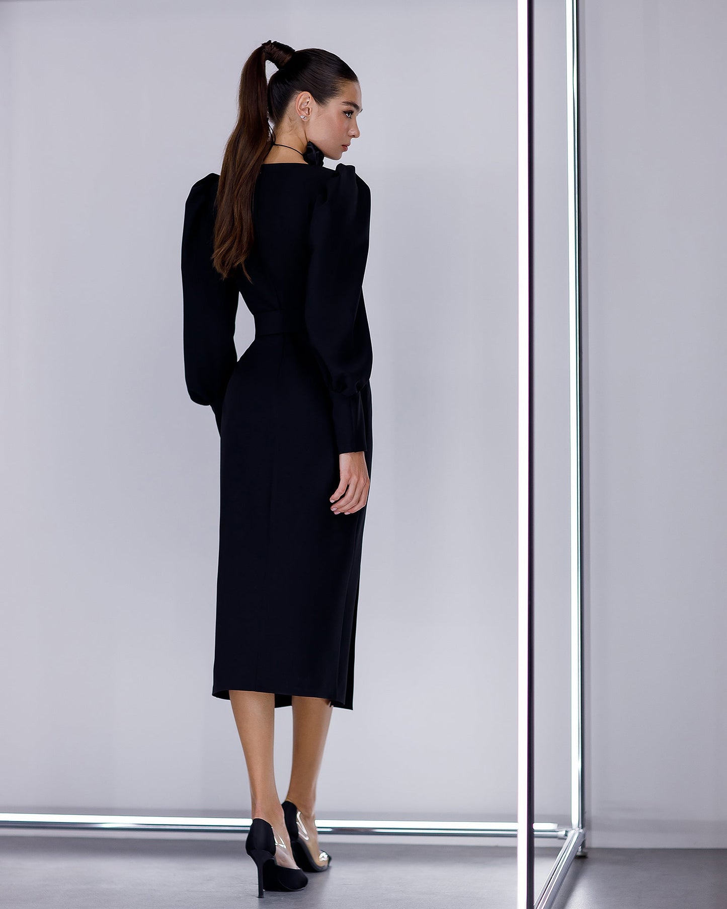 Black Puff-Sleeve Belted Midi Dress