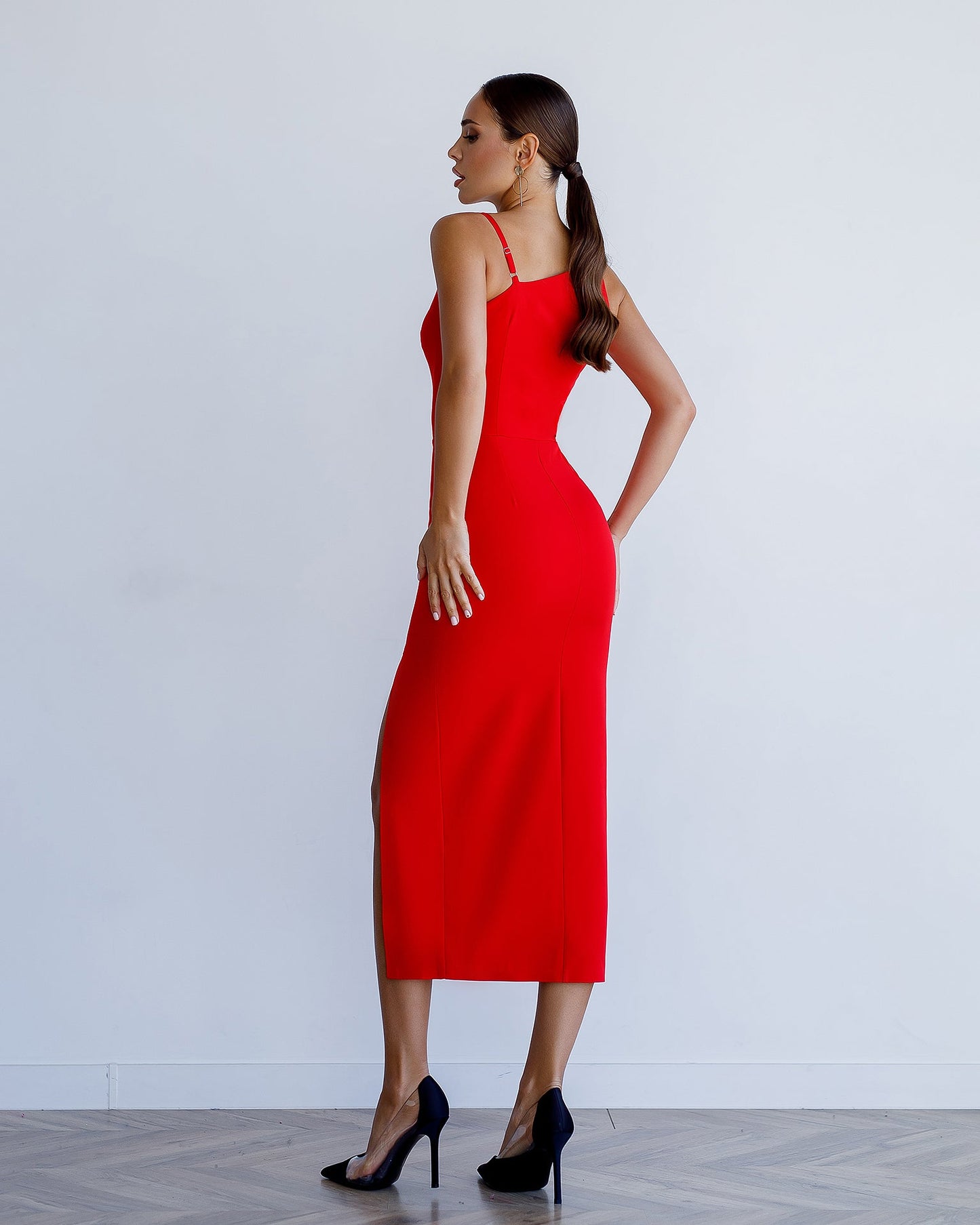 Red Asymmetric Neckline Midi Dress