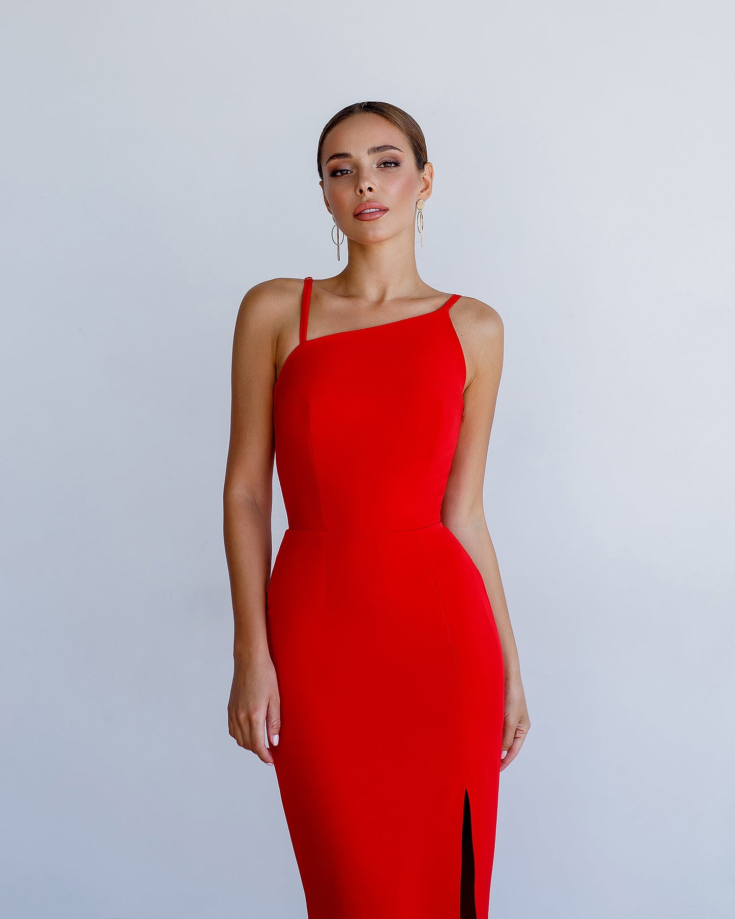 Red Asymmetric Neckline Midi Dress