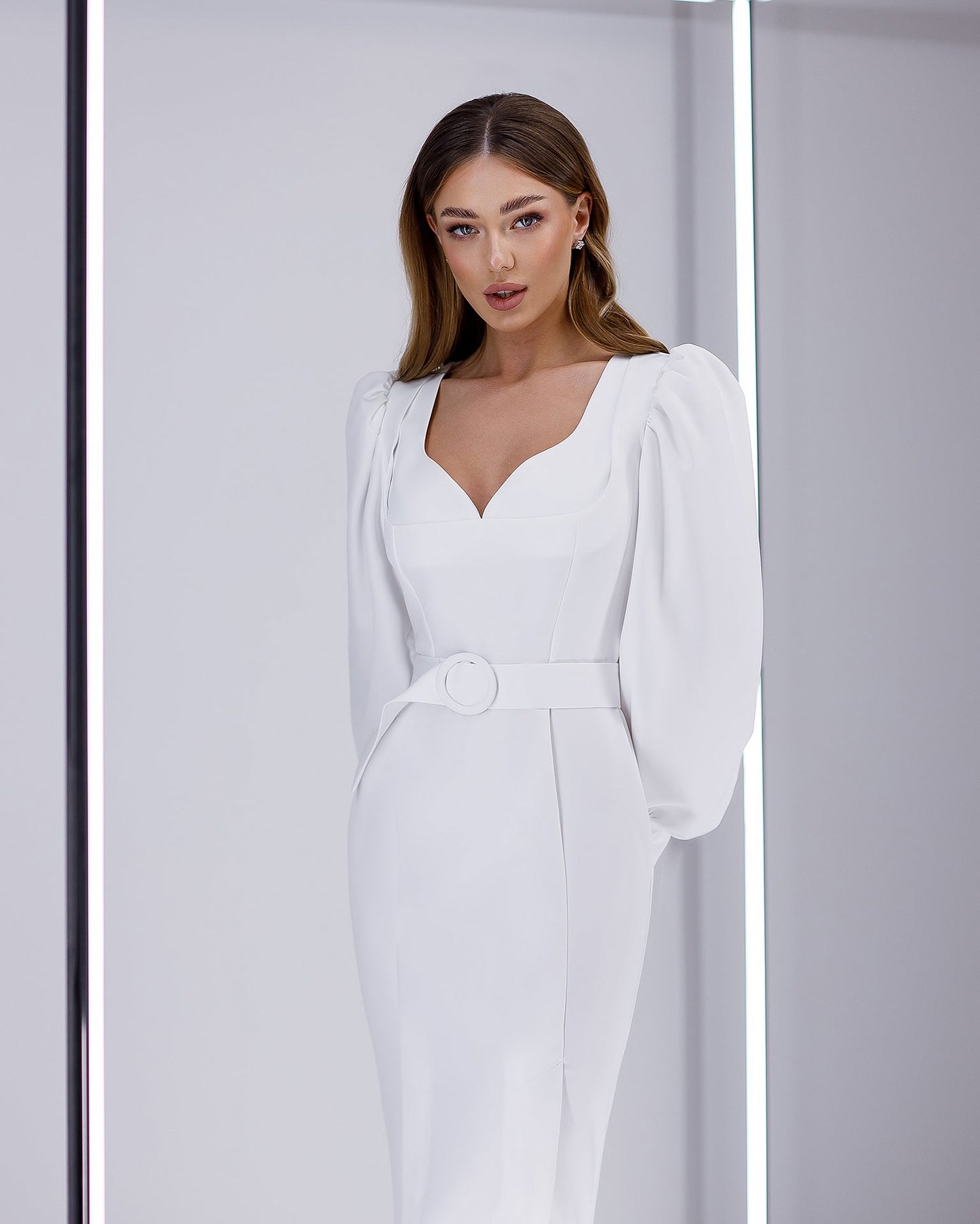 White Puff-Sleeve Belted Midi Dress