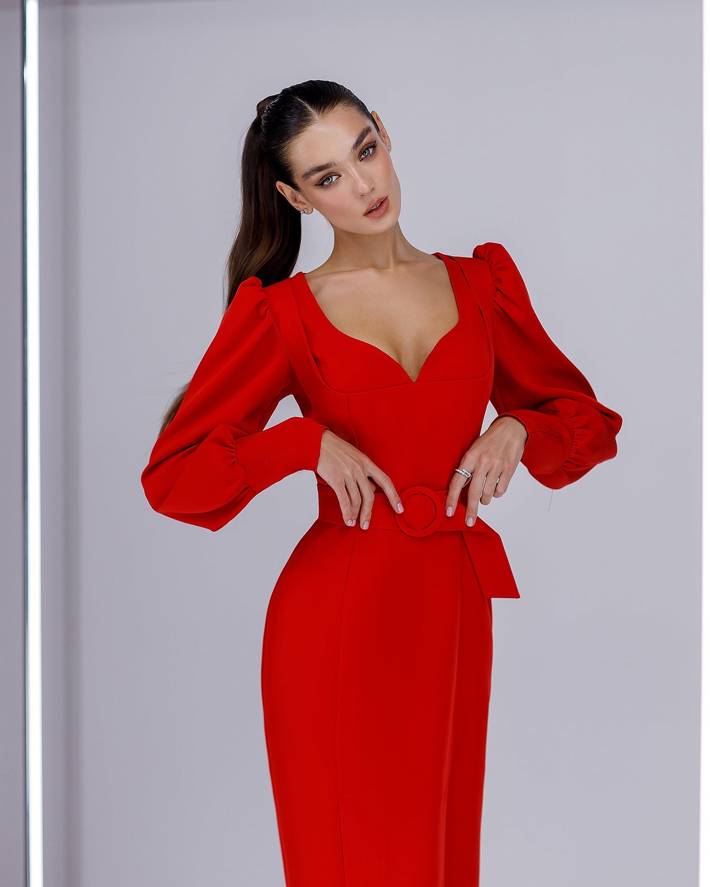 Red Puff-Sleeve Belted Midi Dress