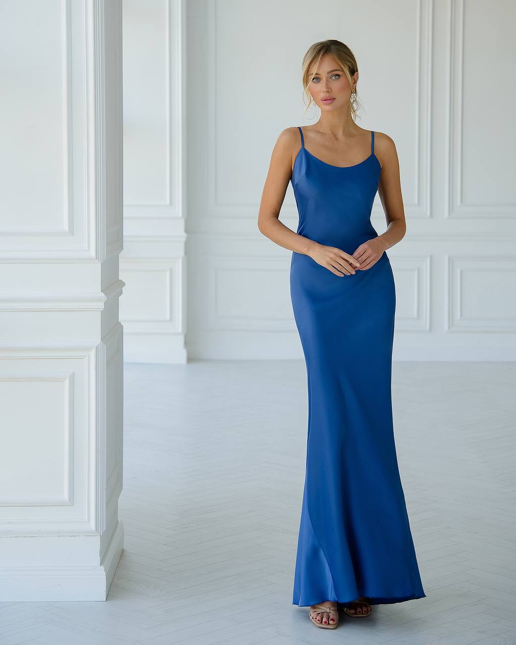 Blue Satin Slip Midi Dress