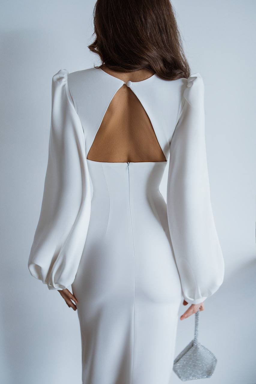 Elfenbein rückenfreies Midikleid mit Puffärmeln