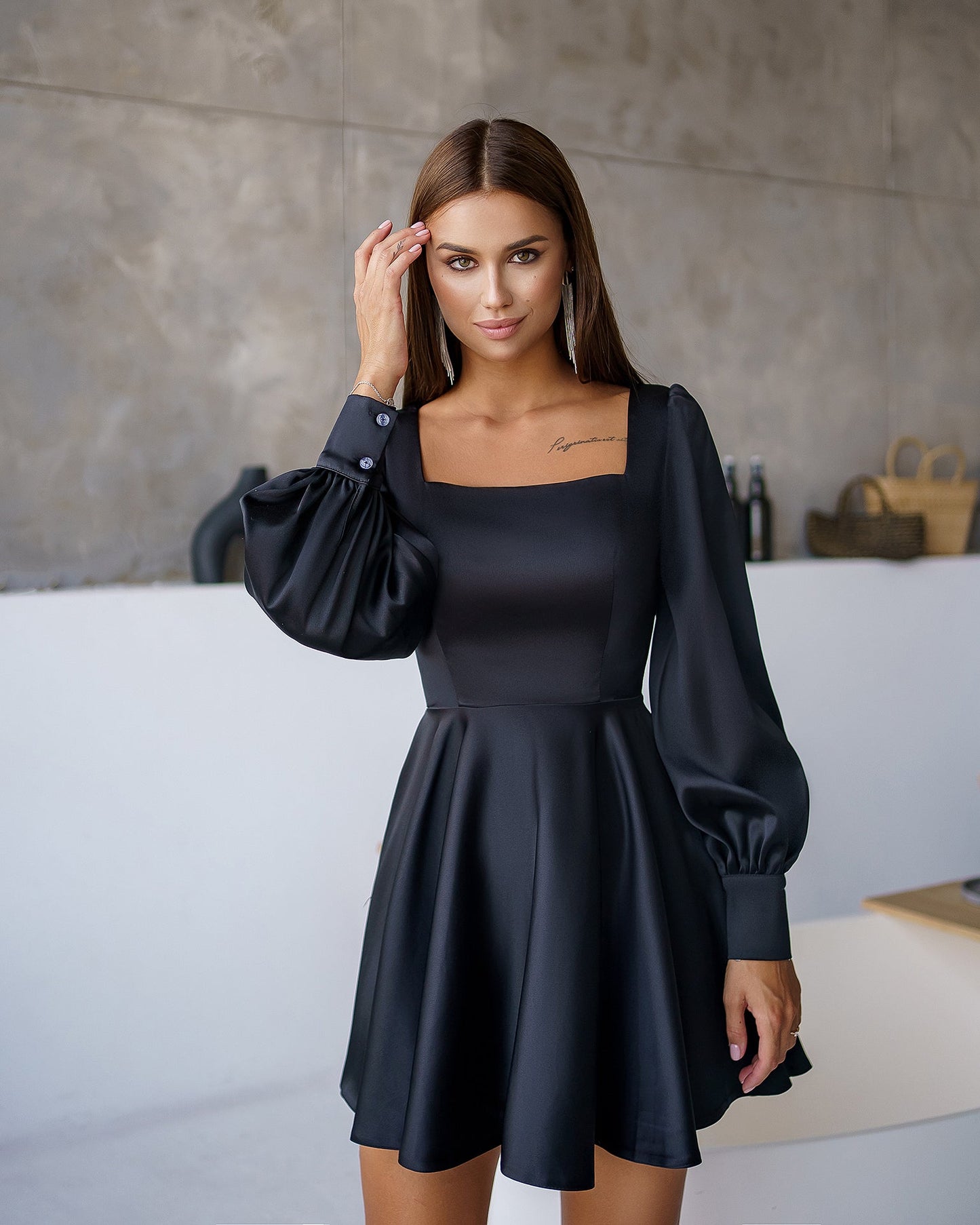 Black Satin Long Sleeve Mini Dress
