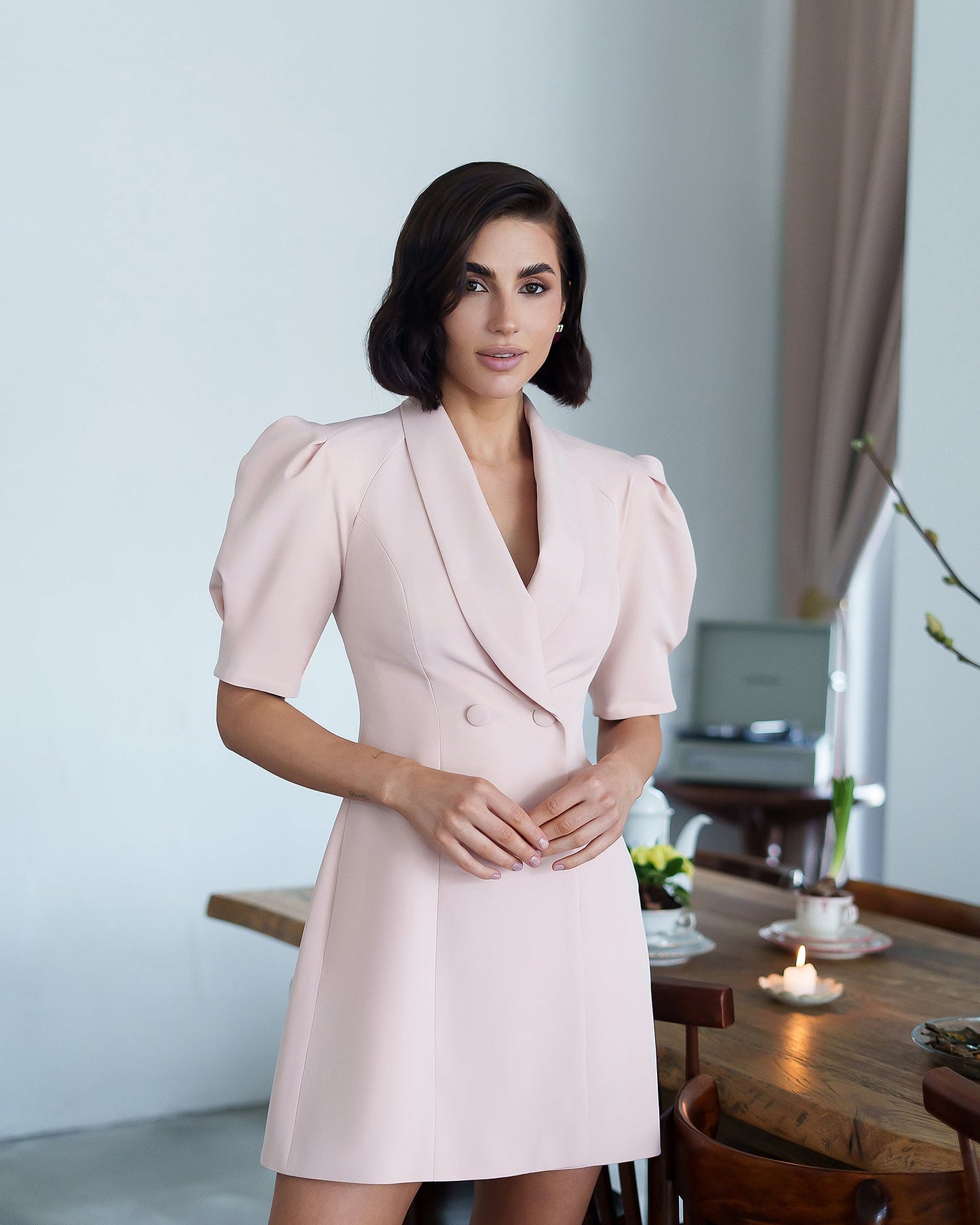 Bella Beige Collared Puff-Sleeve Mini Dress
